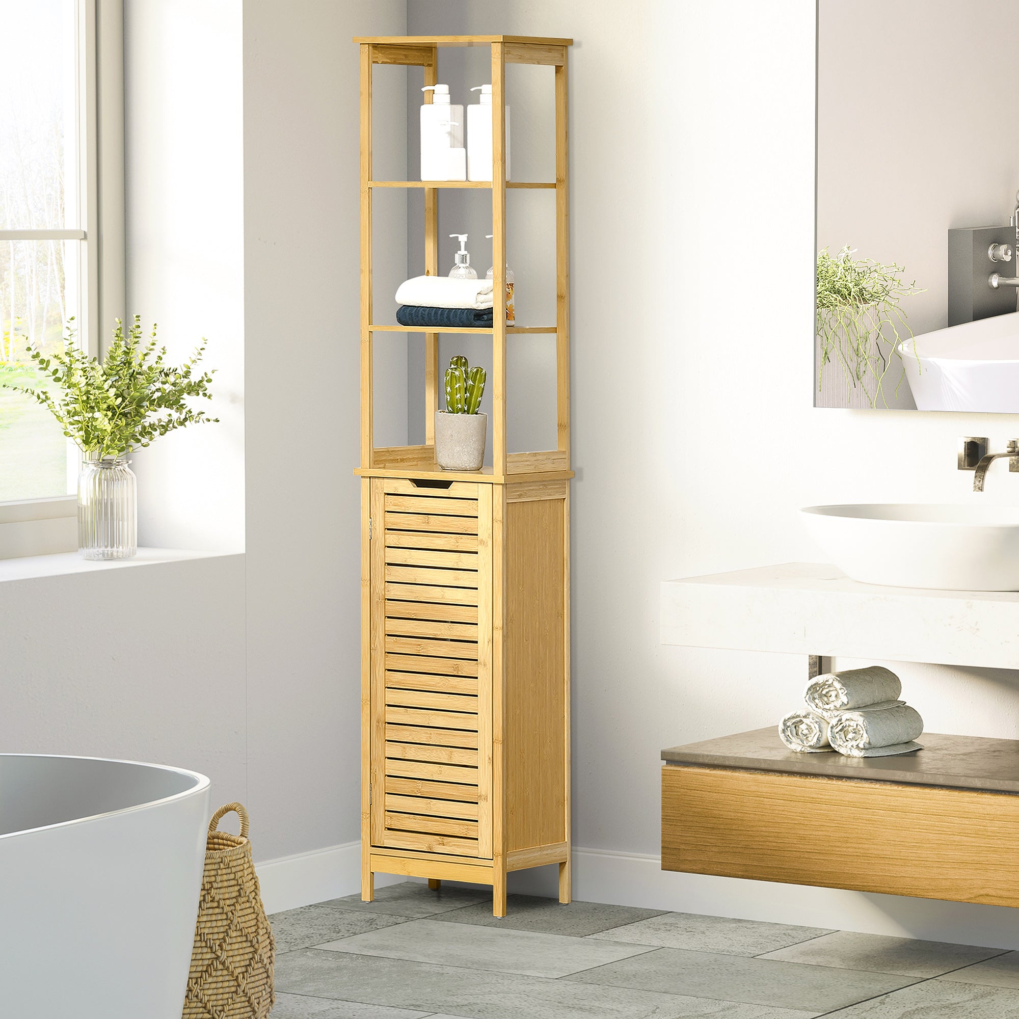 kleankin Tall Bathroom Storage Cabinet, Bamboo Bathroom Floor Cabinet with 3 Shelves and Slat Door, Slim and Freestanding Linen Tower with Storage, Natural