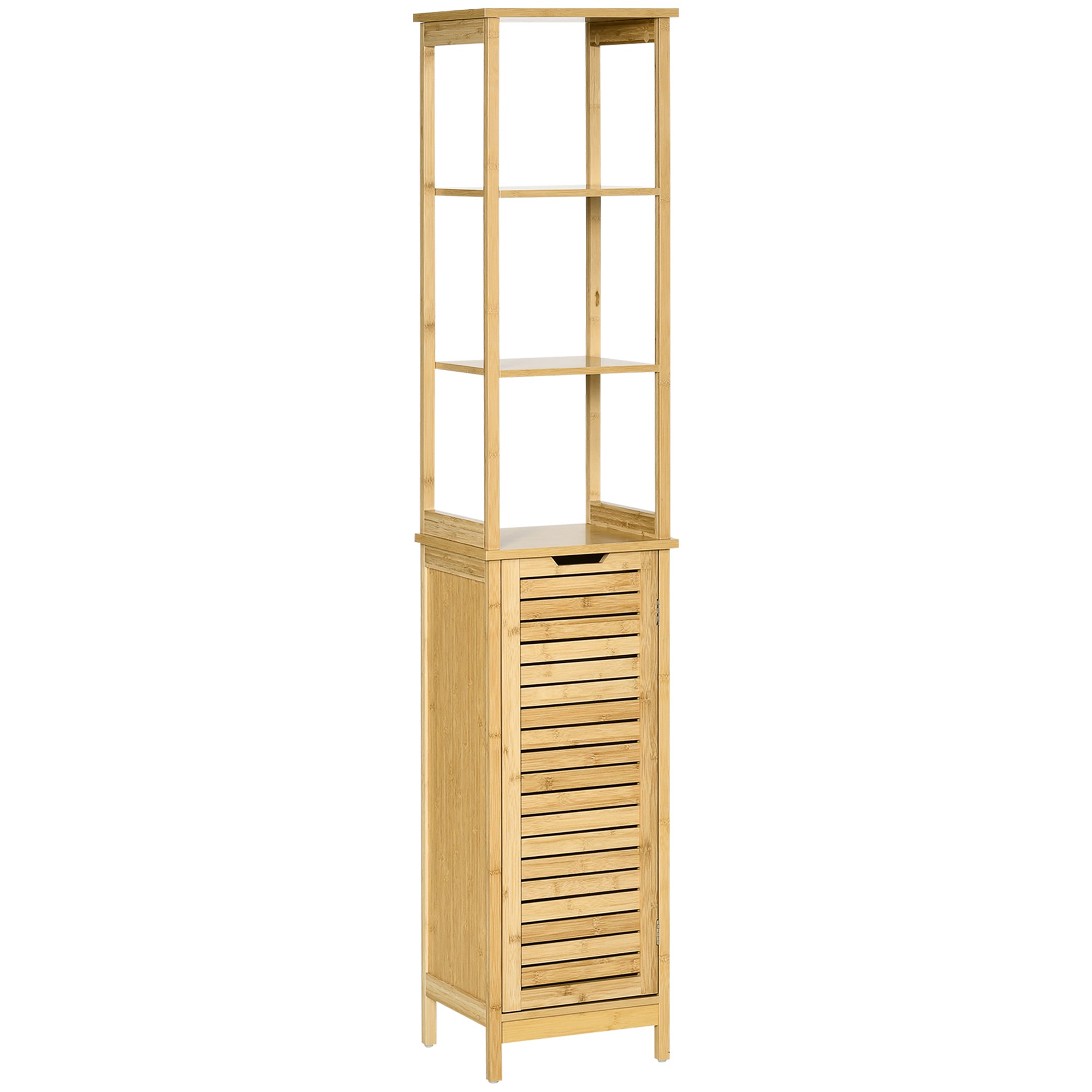kleankin Tall Bathroom Storage Cabinet, Bamboo Bathroom Floor Cabinet with 3 Shelves and Slat Door, Slim and Freestanding Linen Tower with Storage, Natural