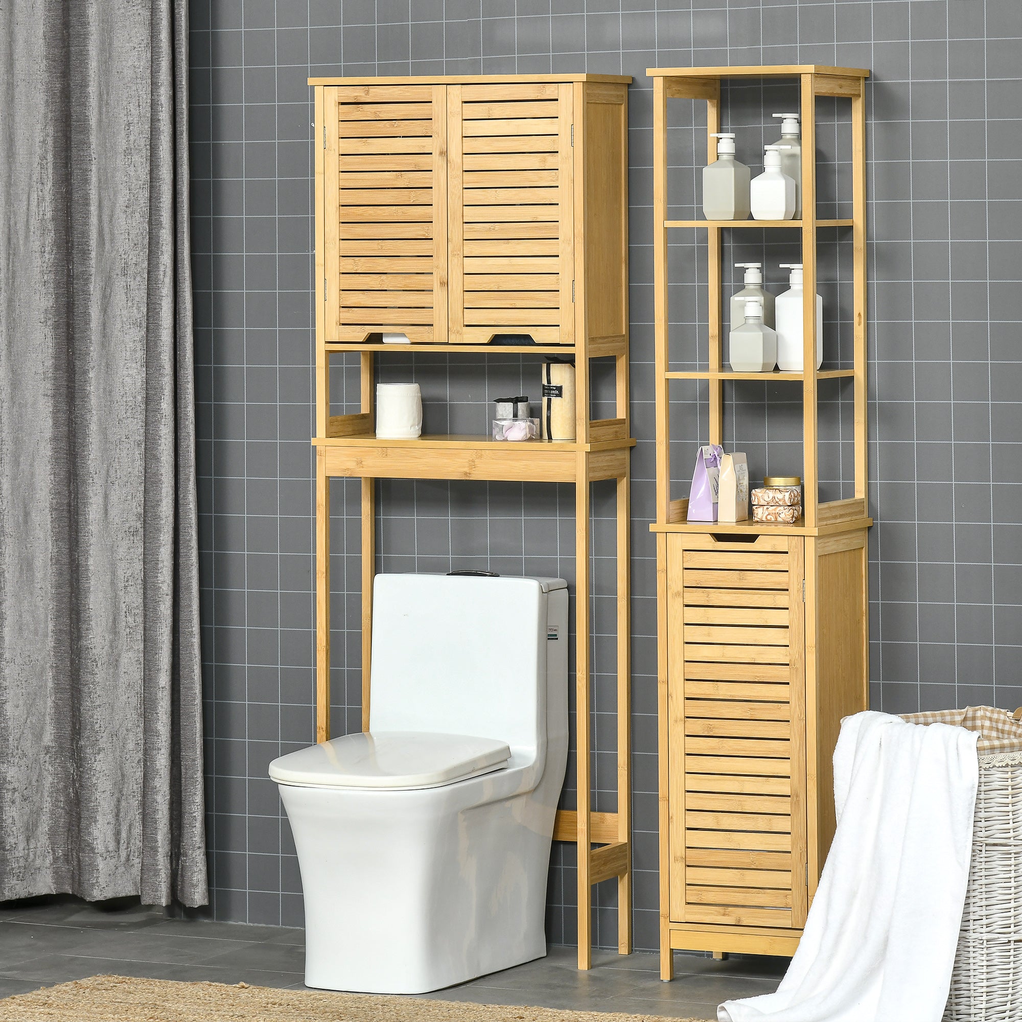 kleankin Tall Bathroom Storage Cabinet, Bamboo Bathroom Floor Cabinet with 3 Shelves and Slat Door, Slim and Freestanding Linen Tower with Storage, Natural