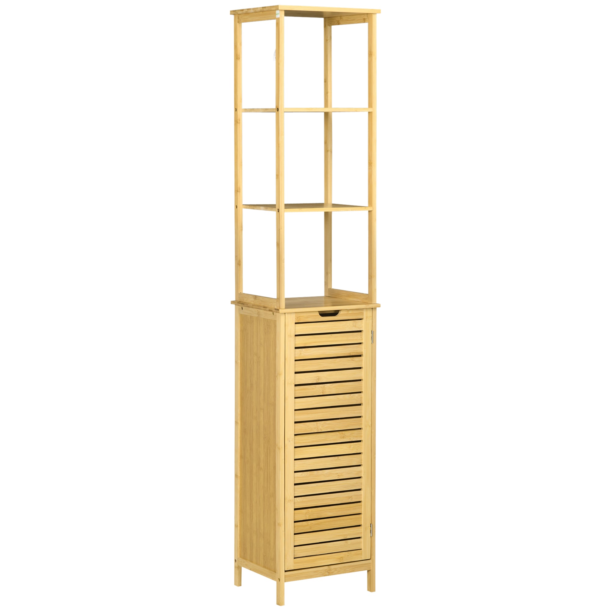 kleankin Tall Bathroom Storage Cabinet, Bamboo Bathroom Floor Cabinet with 3 Shelves and Slat Door, Slim and Freestanding Linen Tower with Storage, Natural