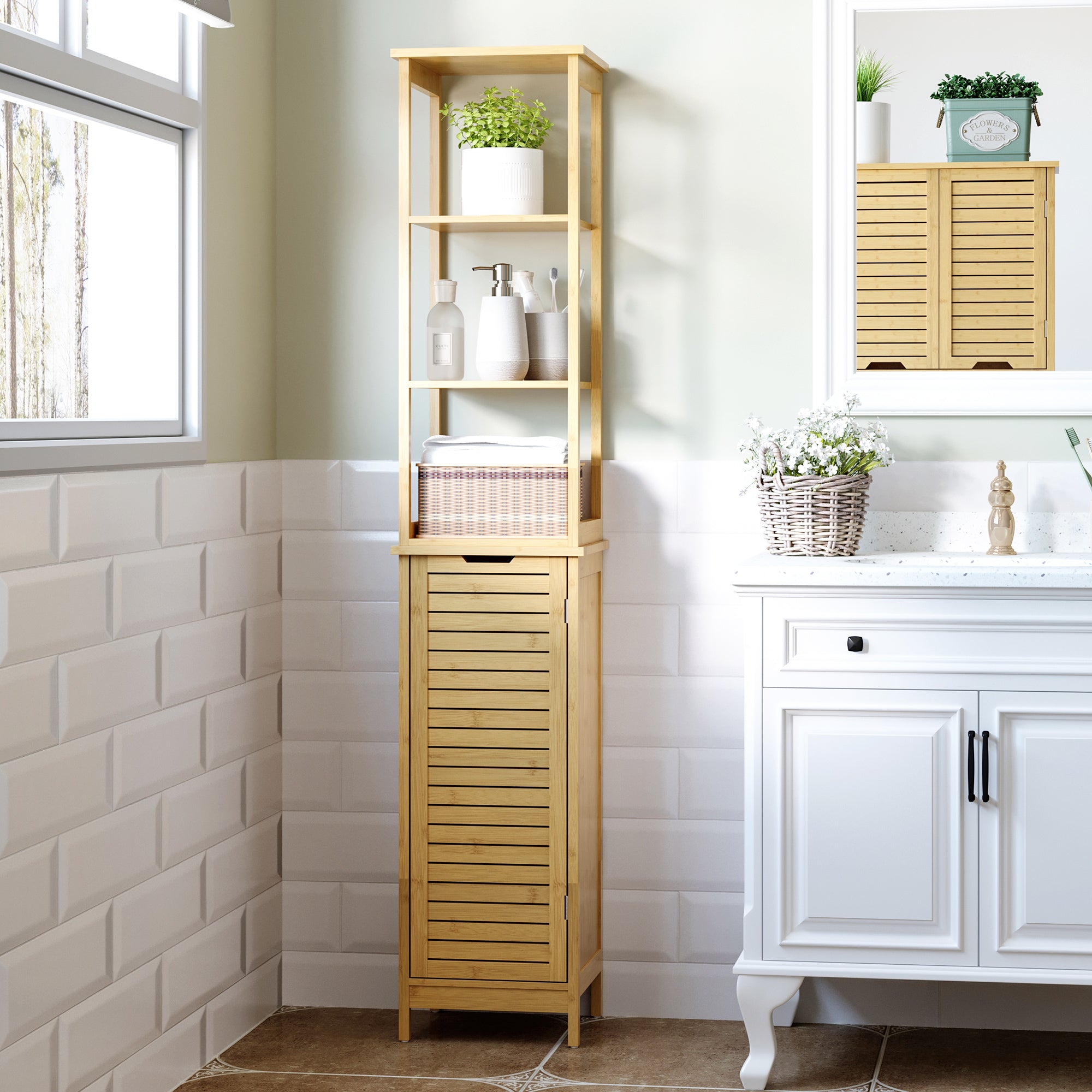 kleankin Tall Bathroom Storage Cabinet, Bamboo Bathroom Floor Cabinet with 3 Shelves and Slat Door, Slim and Freestanding Linen Tower with Storage, Natural