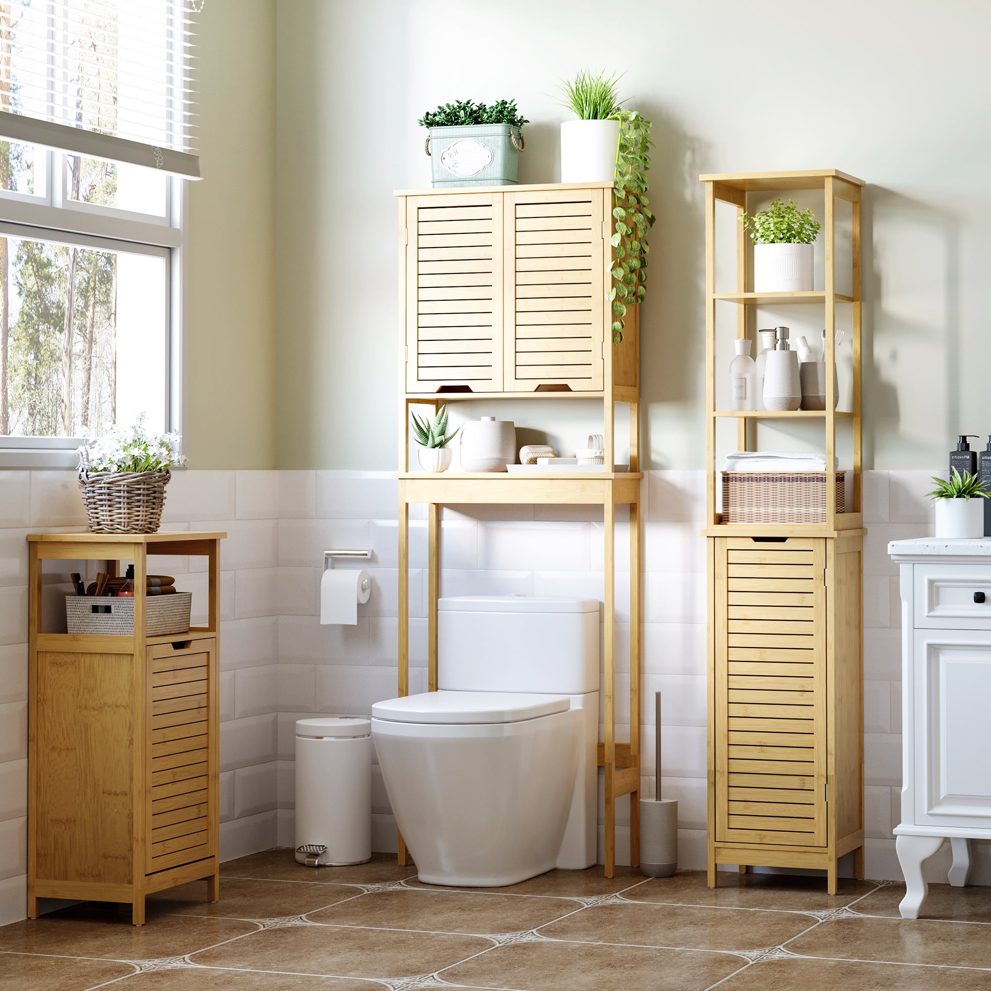 kleankin Tall Bathroom Storage Cabinet, Bamboo Bathroom Floor Cabinet with 3 Shelves and Slat Door, Slim and Freestanding Linen Tower with Storage, Natural