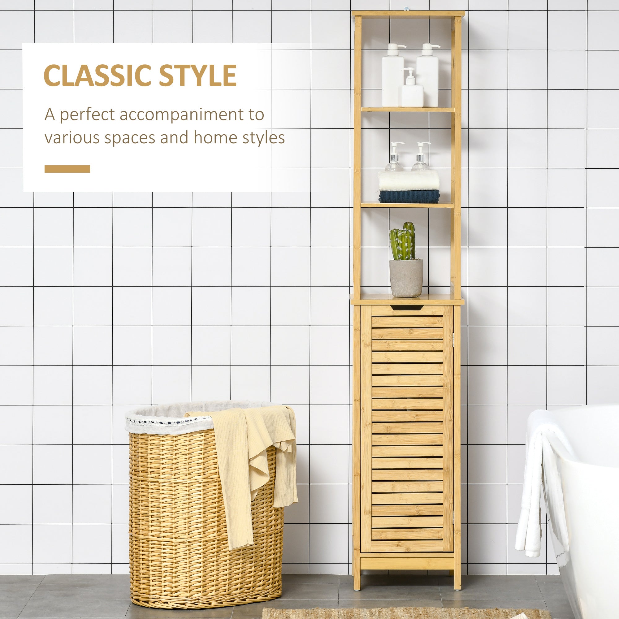 kleankin Tall Bathroom Storage Cabinet, Bamboo Bathroom Floor Cabinet with 3 Shelves and Slat Door, Slim and Freestanding Linen Tower with Storage, Natural