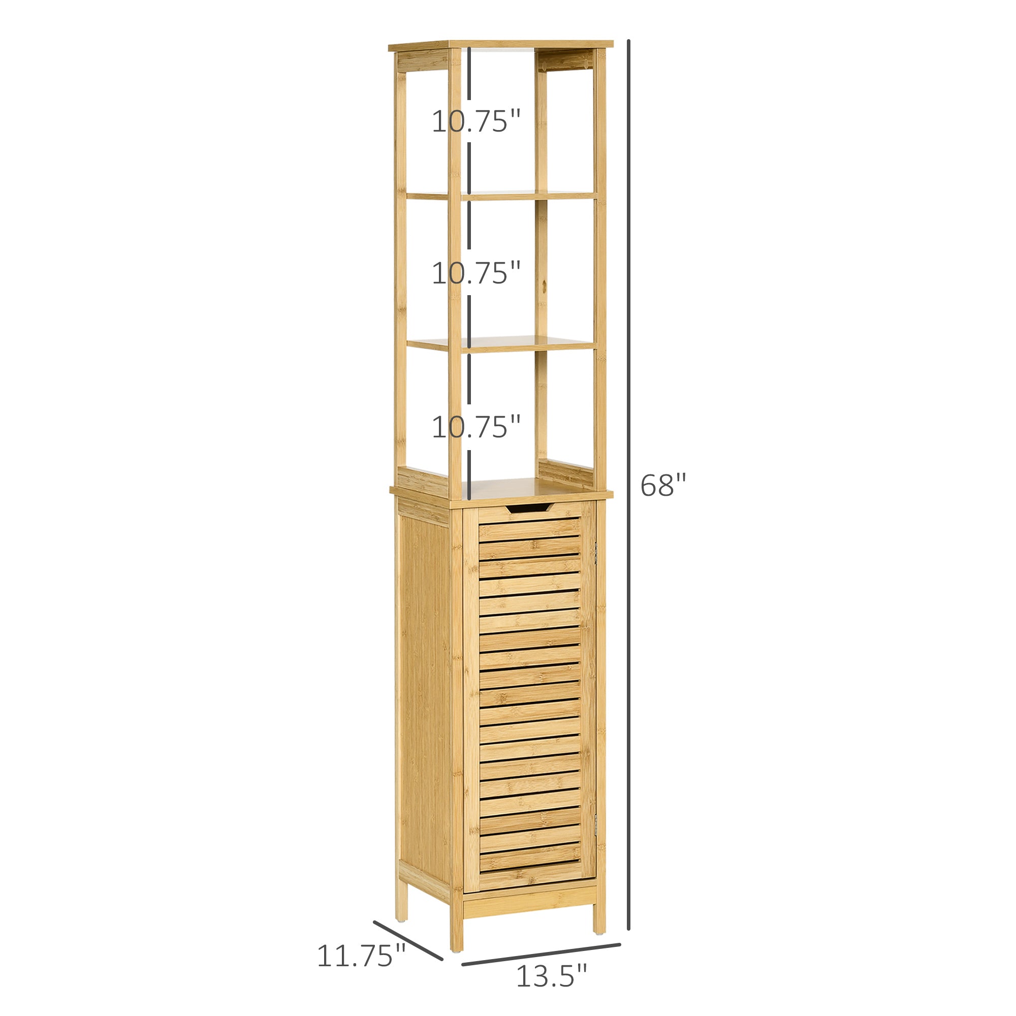 kleankin Tall Bathroom Storage Cabinet, Bamboo Bathroom Floor Cabinet with 3 Shelves and Slat Door, Slim and Freestanding Linen Tower with Storage, Natural