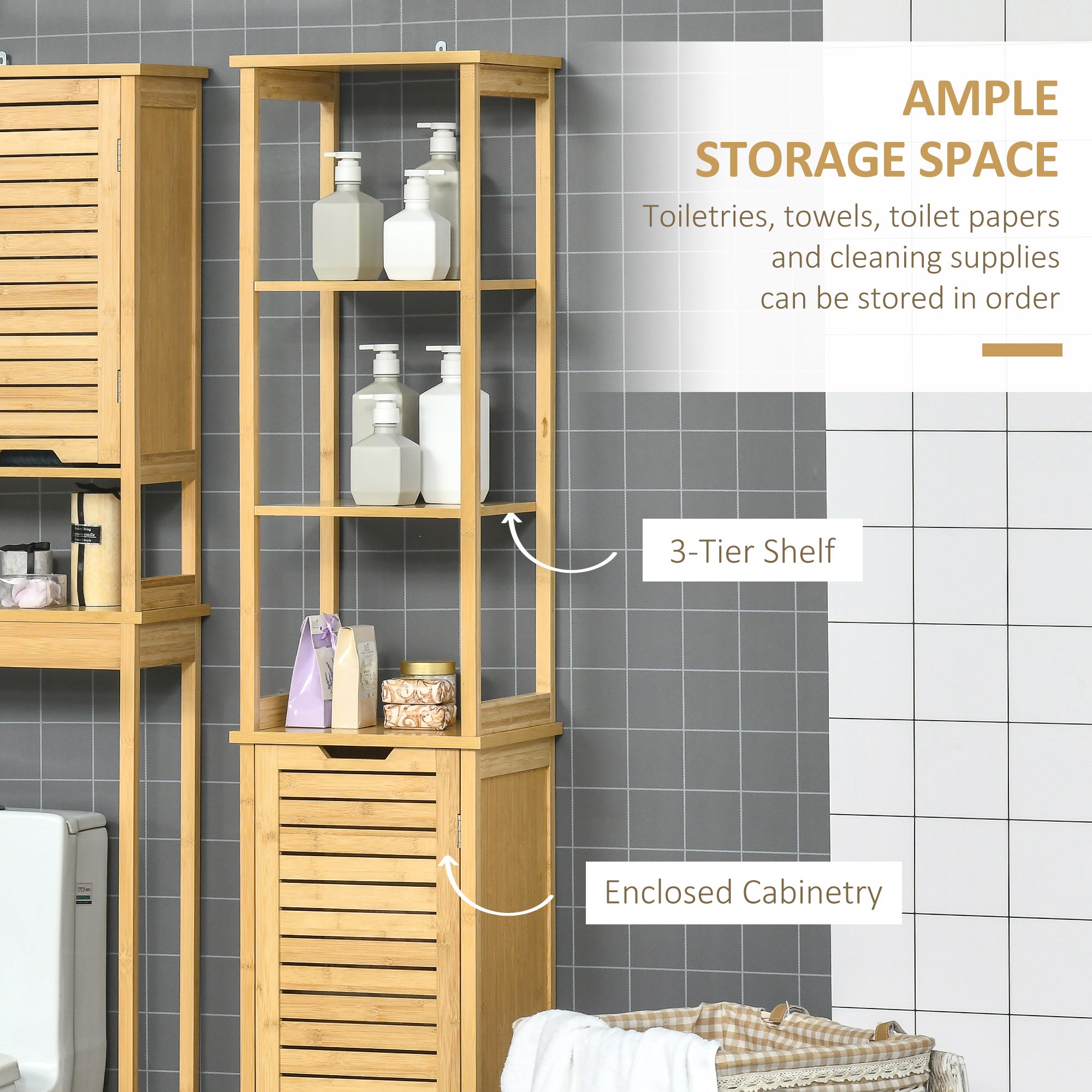 kleankin Tall Bathroom Storage Cabinet, Bamboo Bathroom Floor Cabinet with 3 Shelves and Slat Door, Slim and Freestanding Linen Tower with Storage, Natural