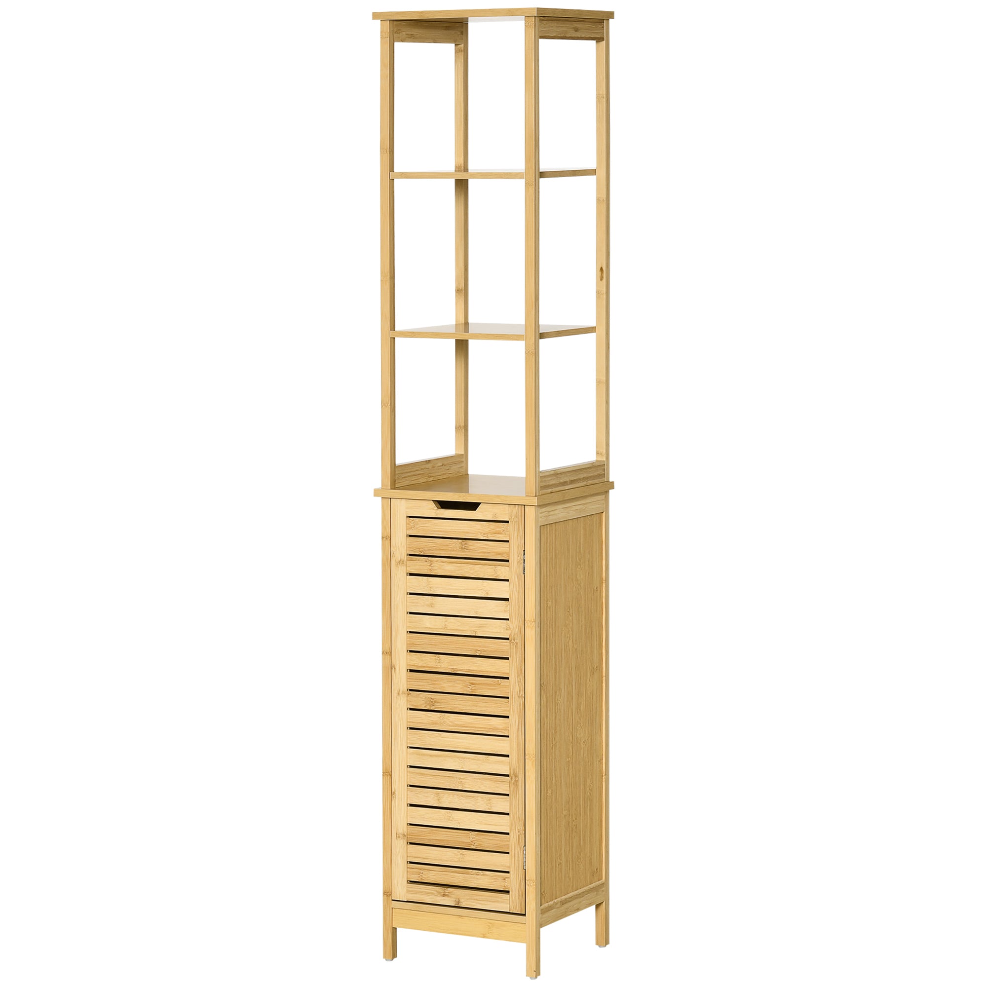 kleankin Tall Bathroom Storage Cabinet, Bamboo Bathroom Floor Cabinet with 3 Shelves and Slat Door, Slim and Freestanding Linen Tower with Storage, Natural
