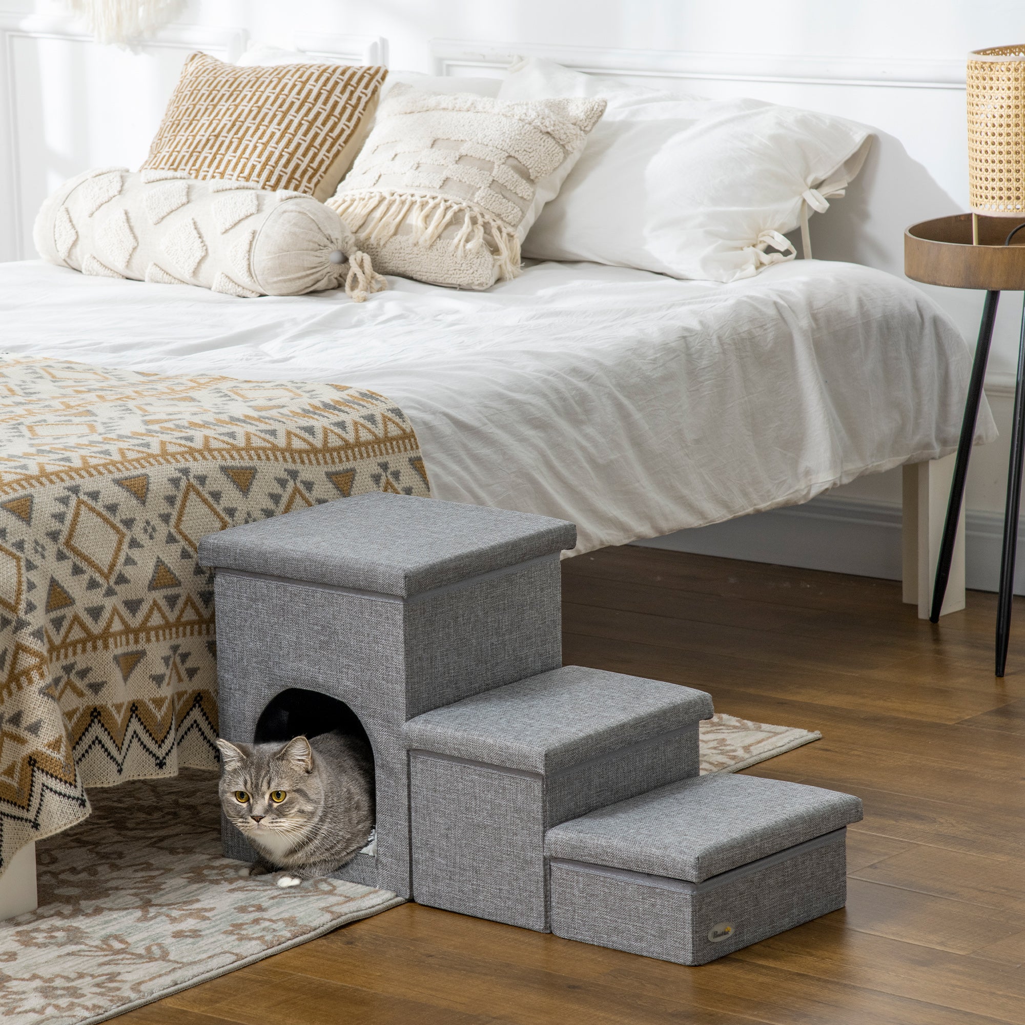 PawHut Dog Steps for Bed, 3 Step Pet Stairs with Kitten House and 2 Storage Boxes, 3 in 1 Dog Ramp for Sofa with Washable Plush Cushion, Light Grey