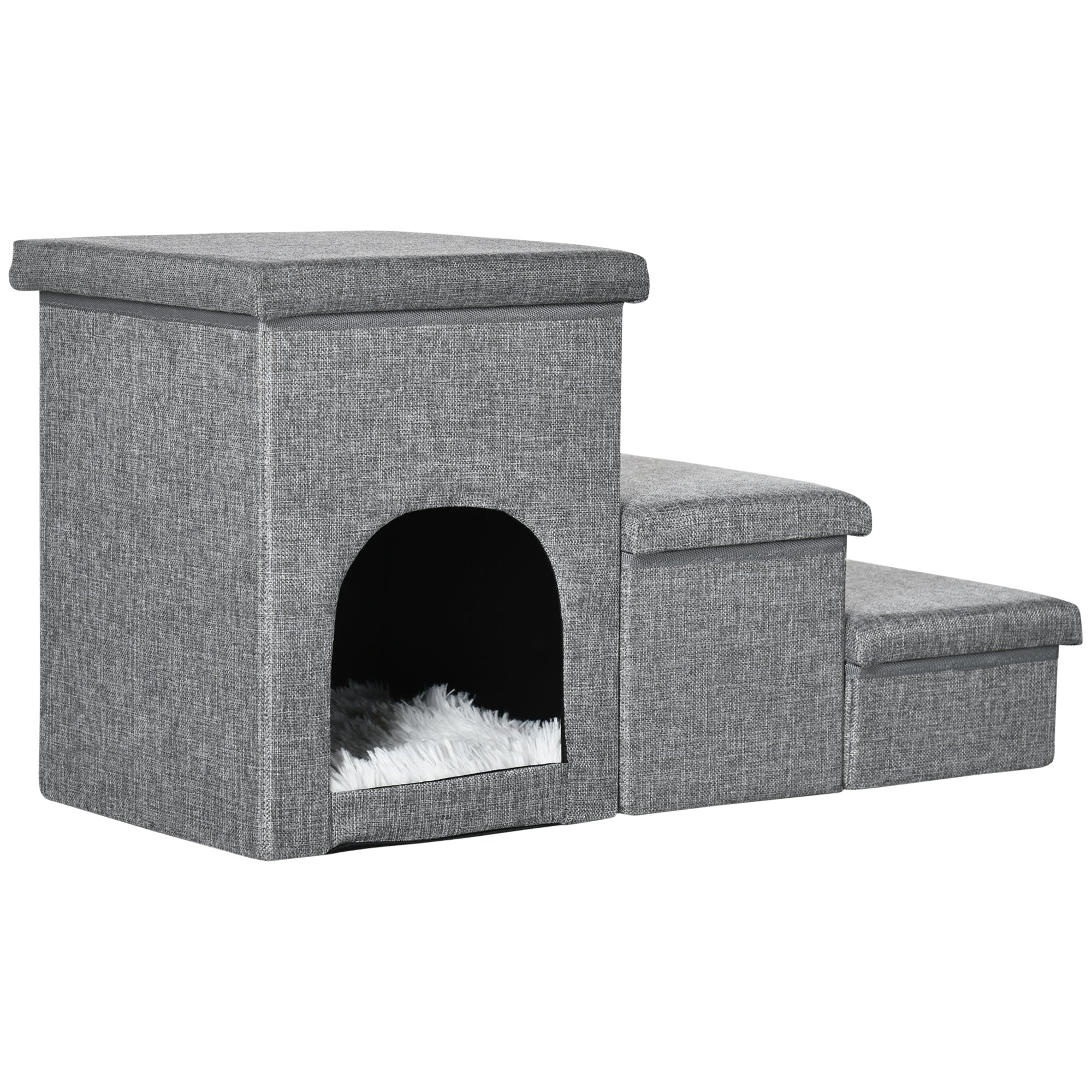 PawHut Dog Steps for Bed, 3 Step Pet Stairs with Kitten House and 2 Storage Boxes, 3 in 1 Dog Ramp for Sofa with Washable Plush Cushion, Light Grey