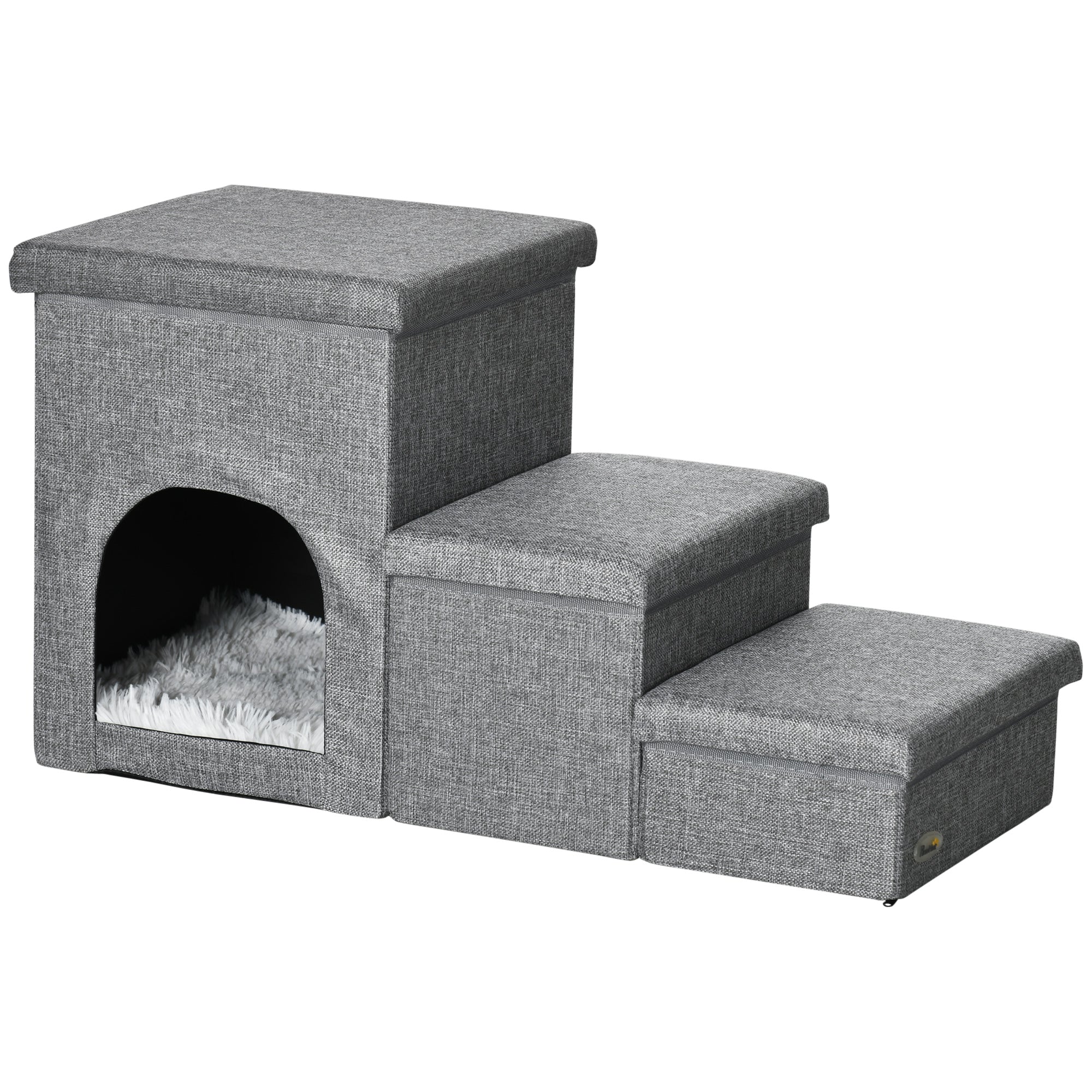 PawHut Dog Steps for Bed, 3 Step Pet Stairs with Kitten House and 2 Storage Boxes, 3 in 1 Dog Ramp for Sofa with Washable Plush Cushion, Light Grey