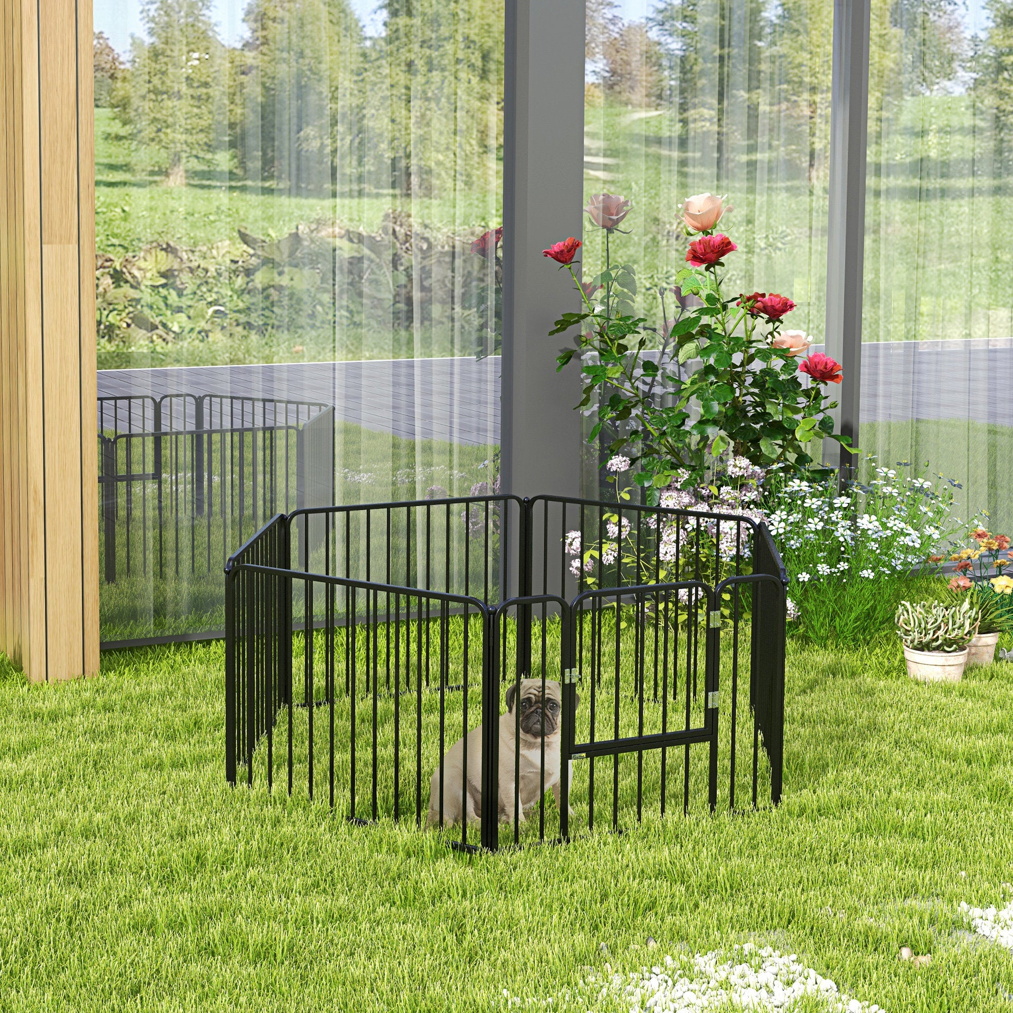 PawHut Heavy Duty Dog Playpen, Steel Dog Pen with Door, Pet Exercise Fence, Outdoor Indoor DIY Design for Small and Medium Dogs, 24" Height, 6 Panels