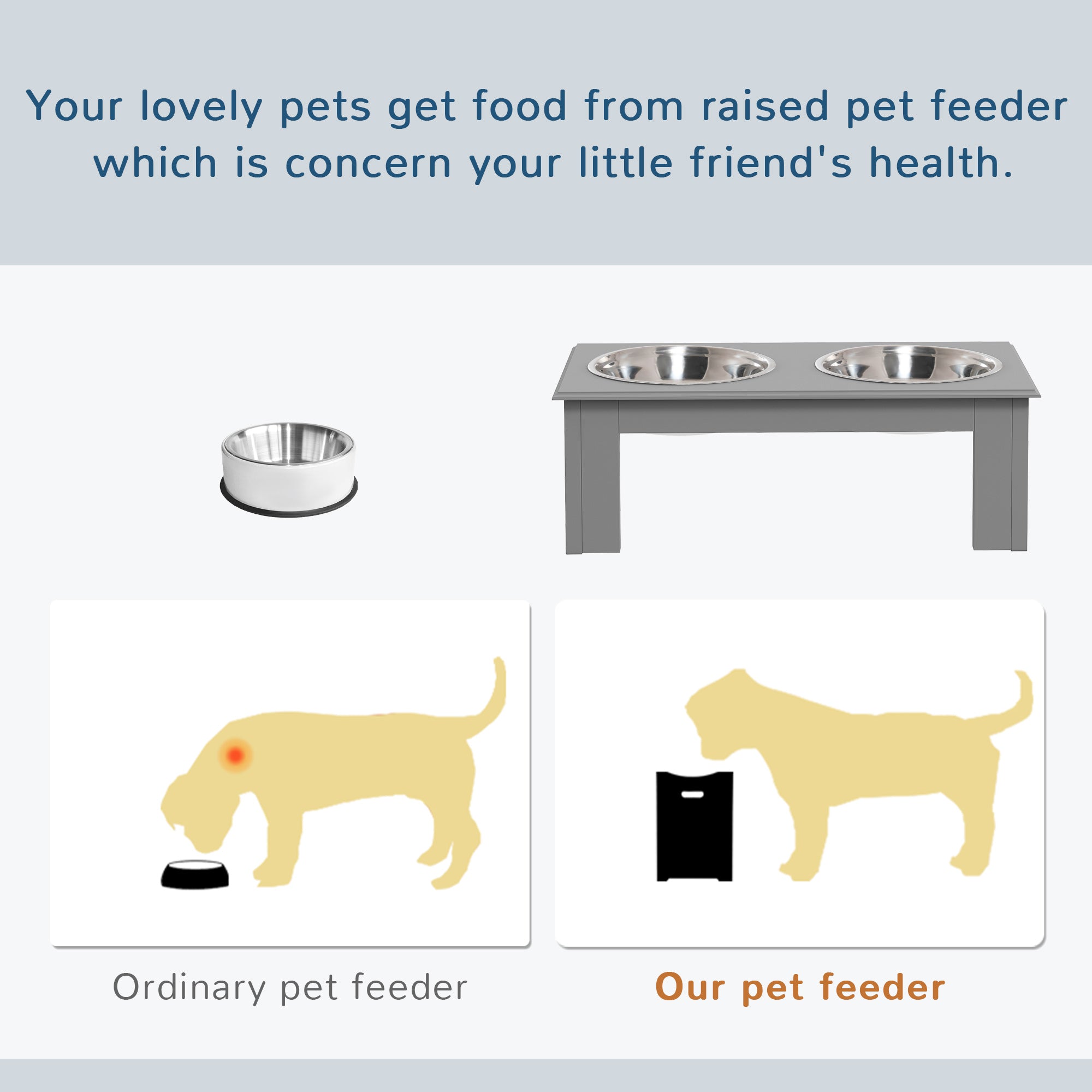 PawHut Raised Dog Bowl Feeding Bowls with Stand for Extra Small and Small Dogs Elevated Pet Bowls Water Food Feeder 44L x 24W x 15H cm - Grey