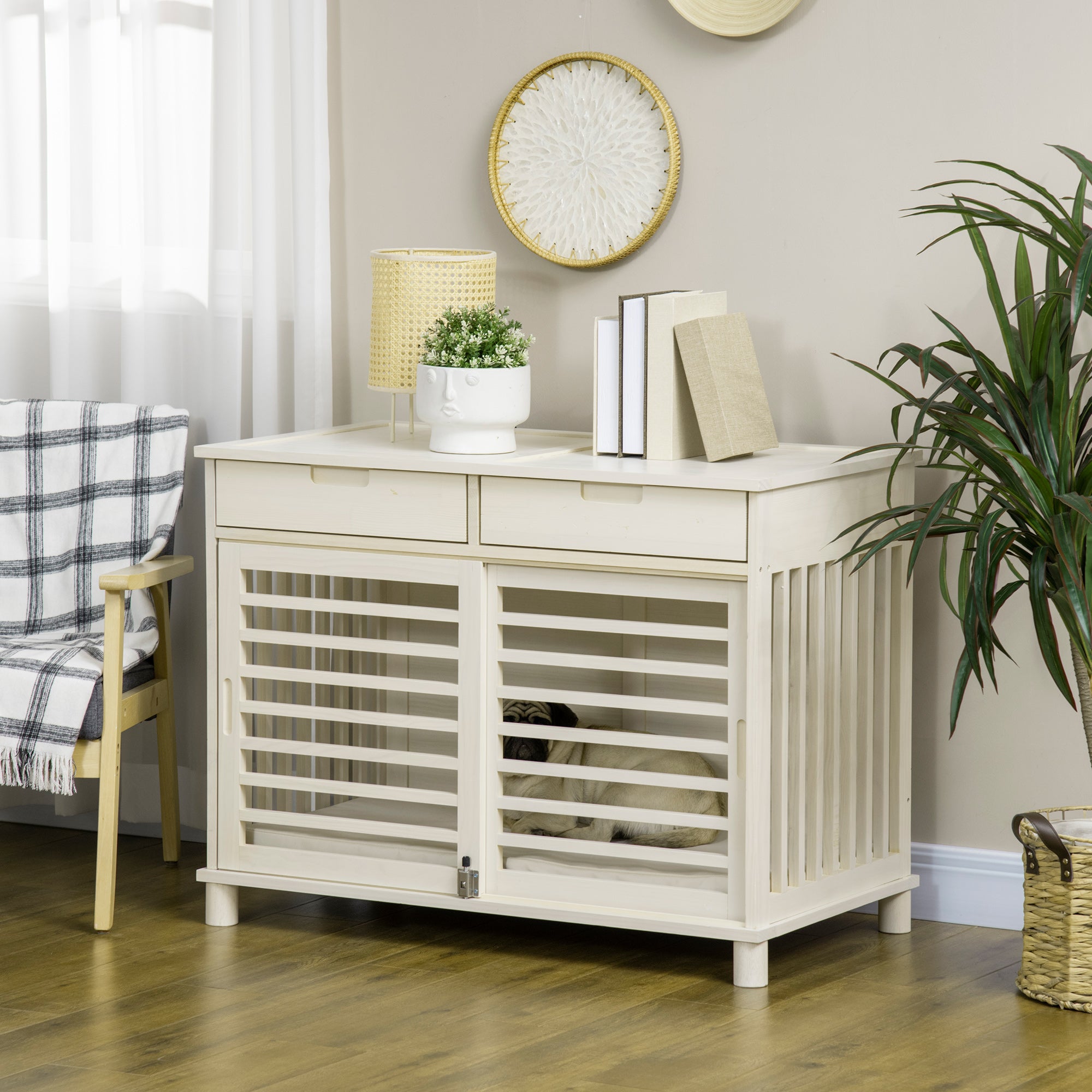 PawHut Dog Crate Furniture with 2 Storage Drawers, Wooden Dog Crate End Table Indoor with Water-resistant Cushion, Double Doors for Medium Dogs