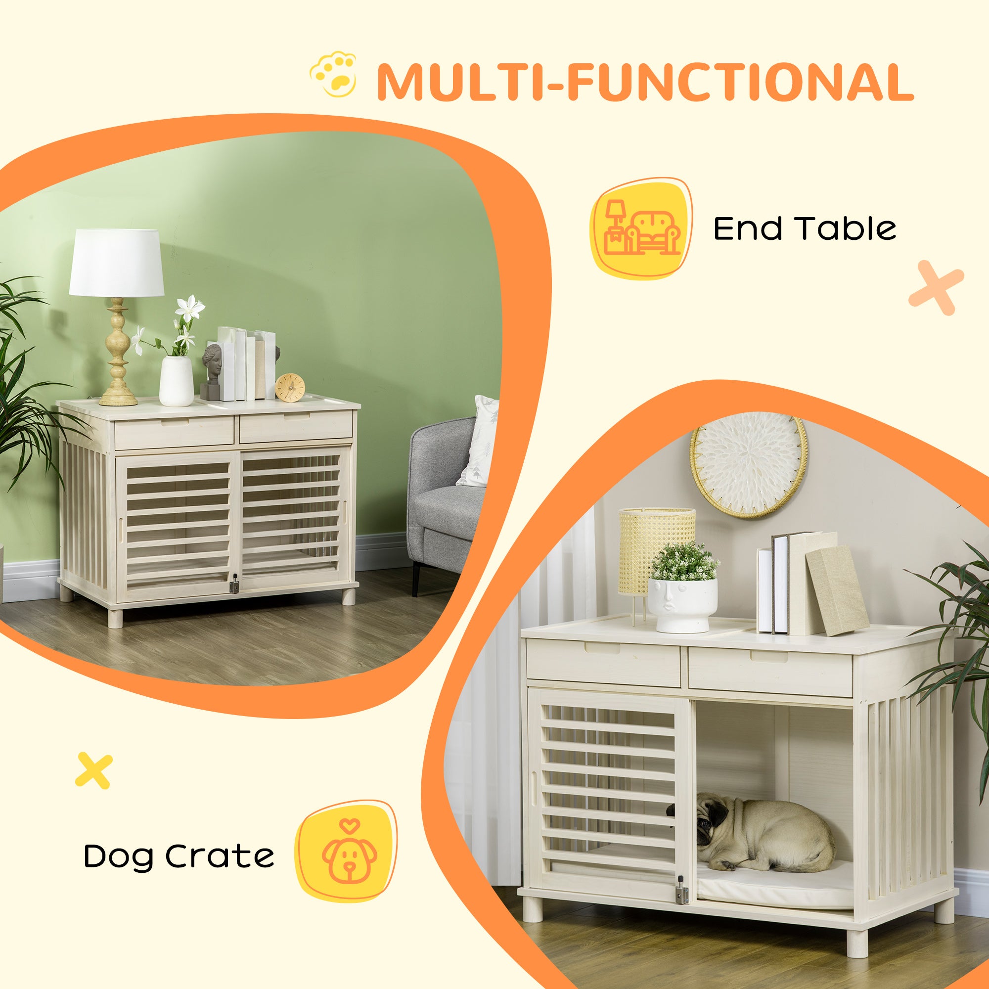 PawHut Dog Crate Furniture with 2 Storage Drawers, Wooden Dog Crate End Table Indoor with Water-resistant Cushion, Double Doors for Medium Dogs