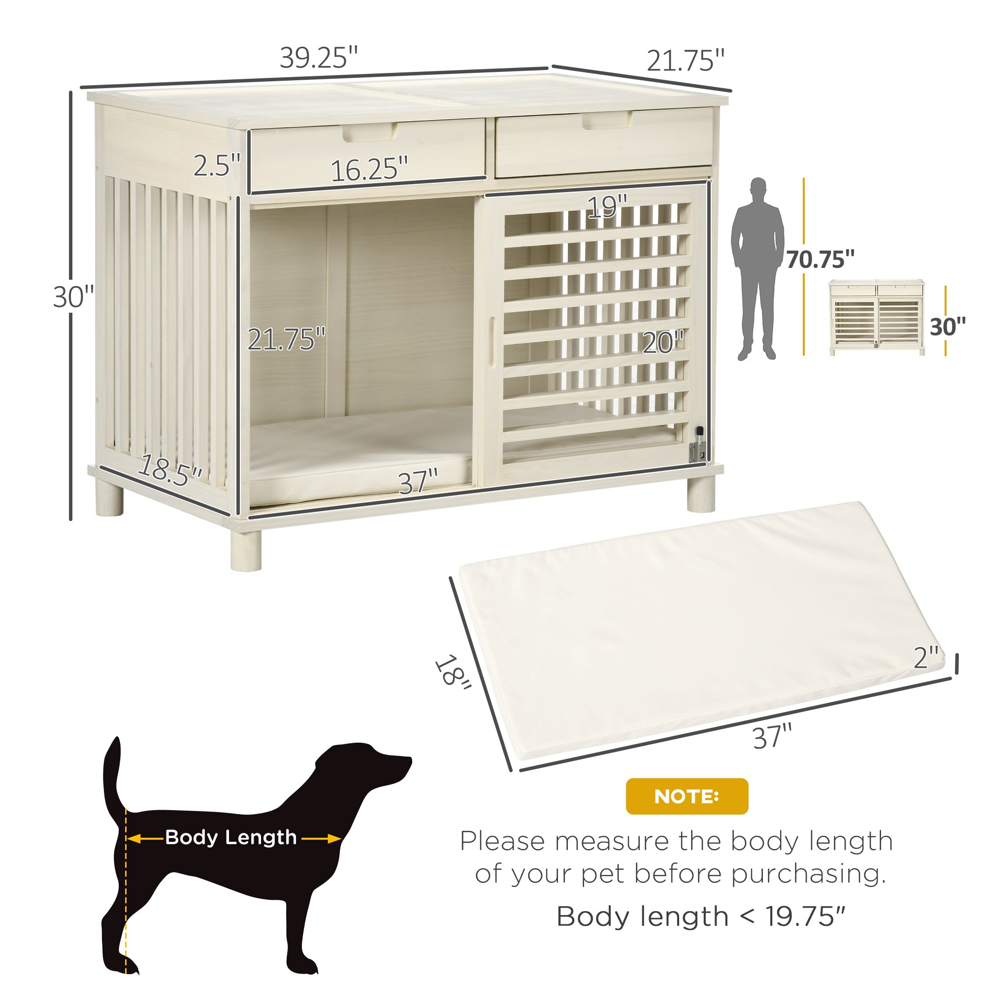 PawHut Dog Crate Furniture with 2 Storage Drawers, Wooden Dog Crate End Table Indoor with Water-resistant Cushion, Double Doors for Medium Dogs