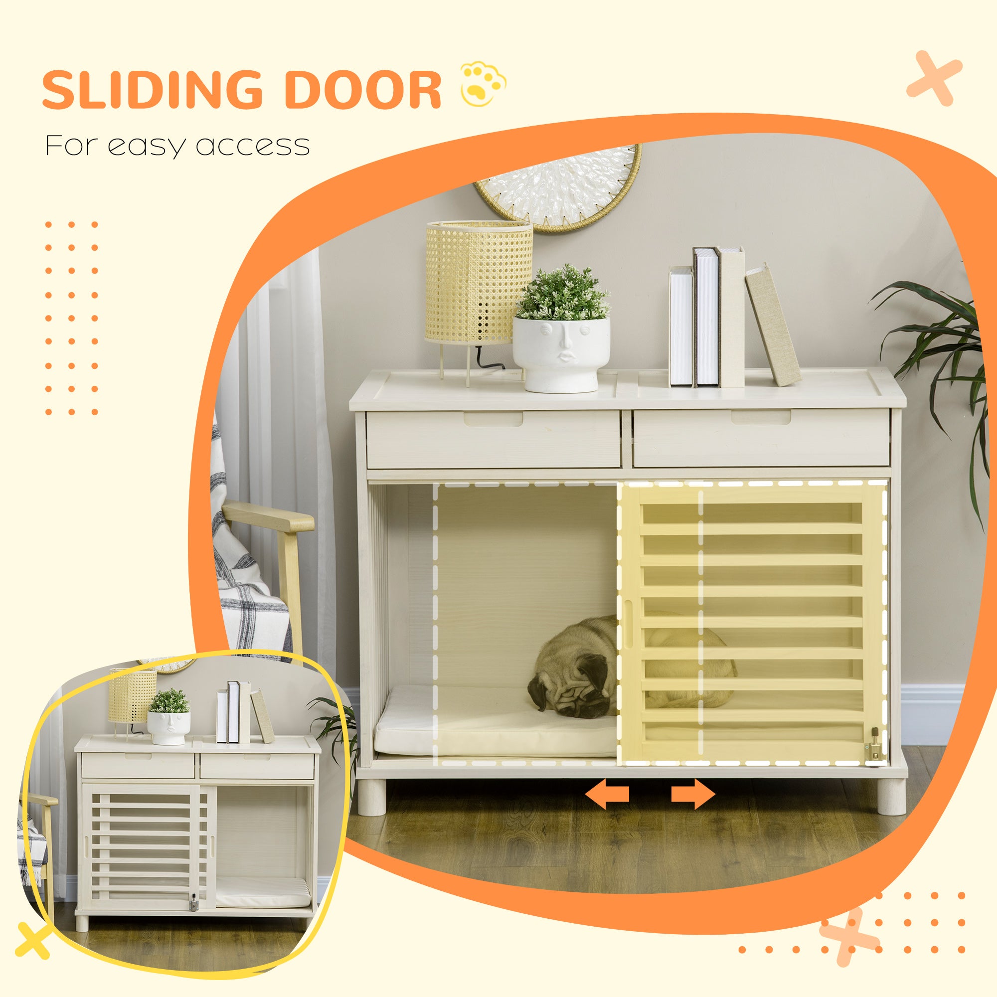 PawHut Dog Crate Furniture with 2 Storage Drawers, Wooden Dog Crate End Table Indoor with Water-resistant Cushion, Double Doors for Medium Dogs