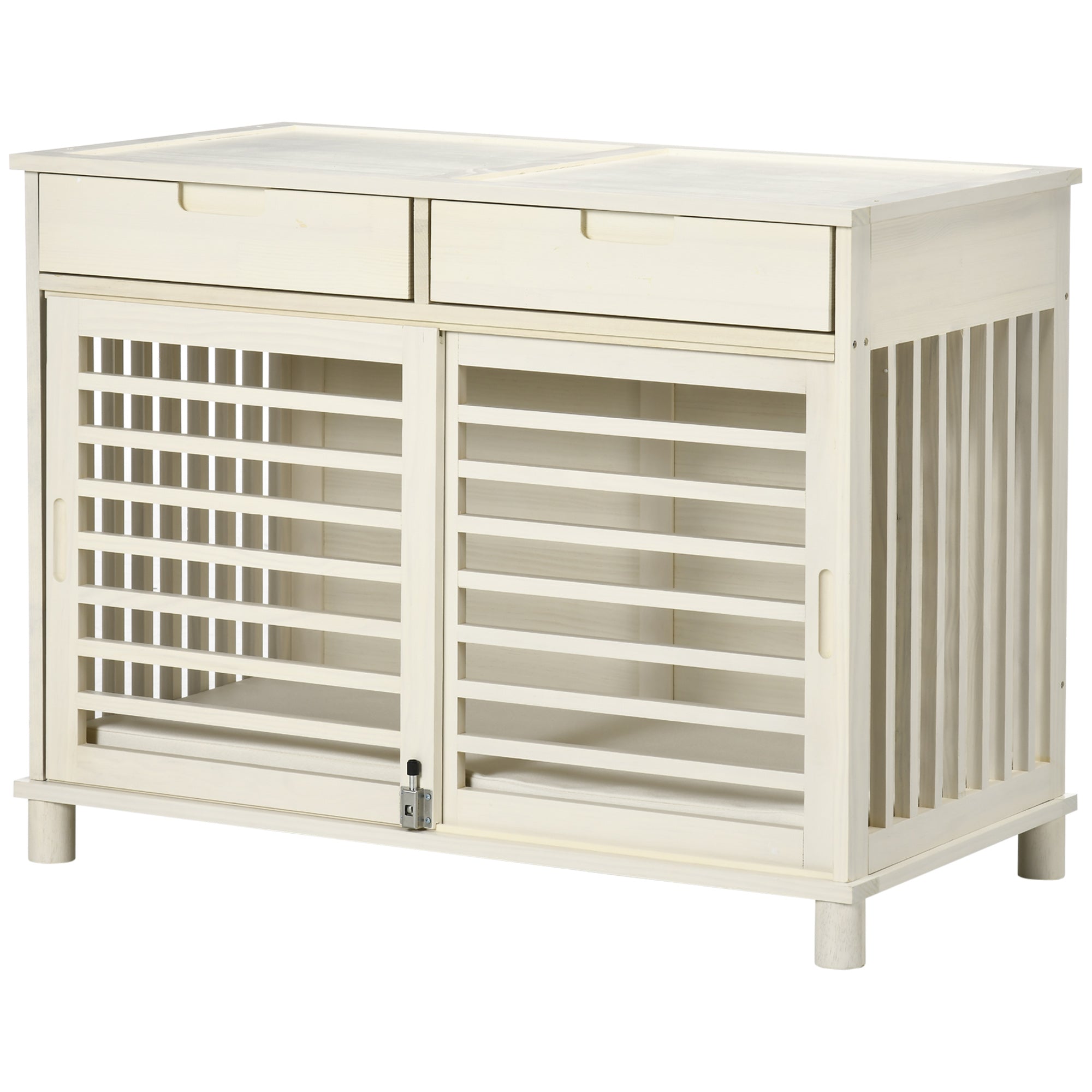 PawHut Dog Crate Furniture with 2 Storage Drawers, Wooden Dog Crate End Table Indoor with Water-resistant Cushion, Double Doors for Medium Dogs