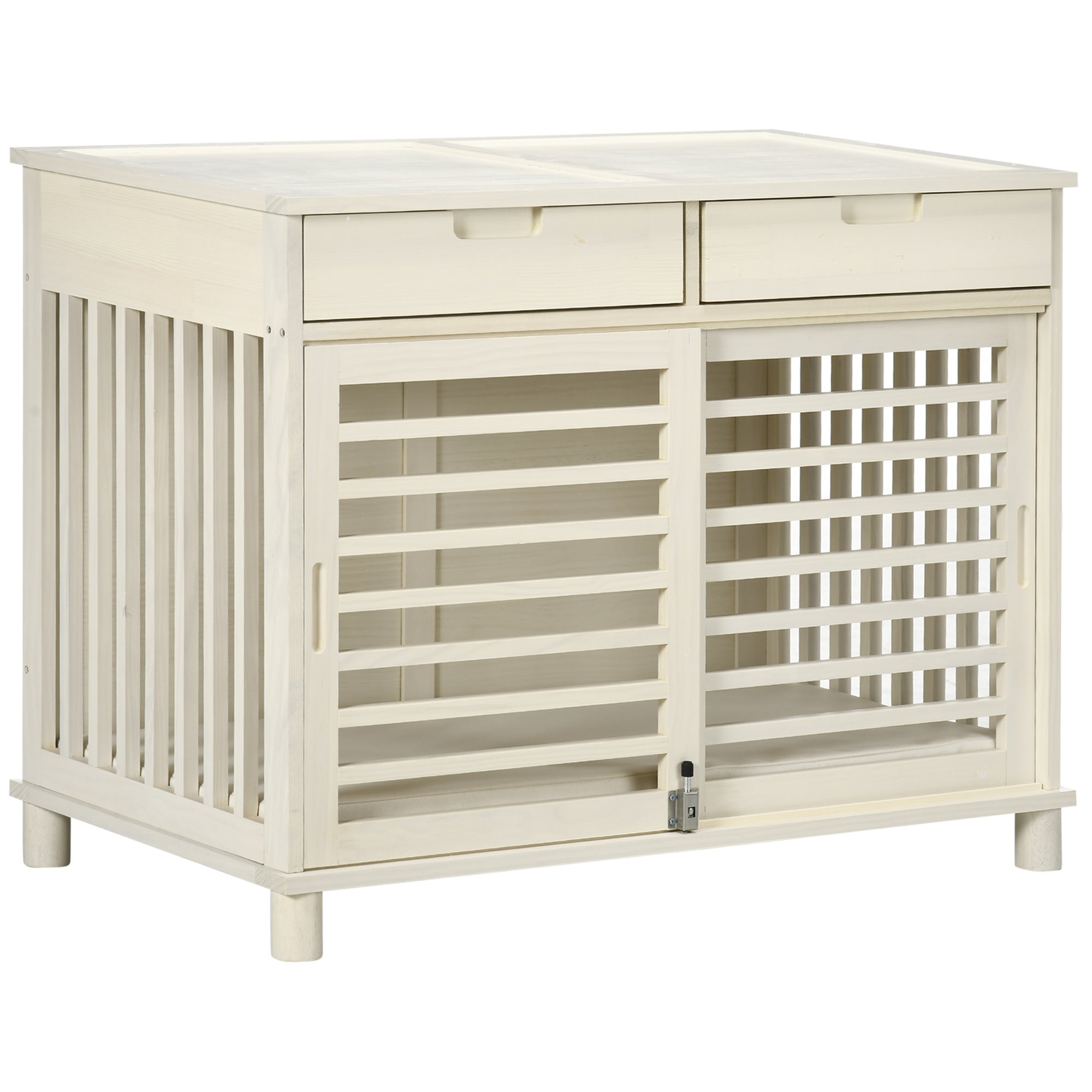 PawHut Dog Crate Furniture with 2 Storage Drawers, Wooden Dog Crate End Table Indoor with Water-resistant Cushion, Double Doors for Medium Dogs