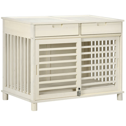 PawHut Dog Crate Furniture with 2 Storage Drawers, Wooden Dog Crate End Table Indoor with Water-resistant Cushion, Double Doors for Medium Dogs