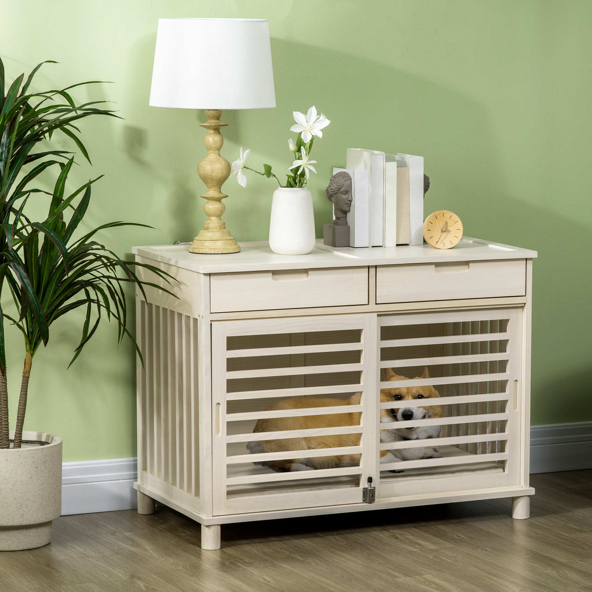 PawHut Dog Crate Furniture with 2 Storage Drawers, Wooden Dog Crate End Table Indoor with Water-resistant Cushion, Double Doors for Medium Dogs