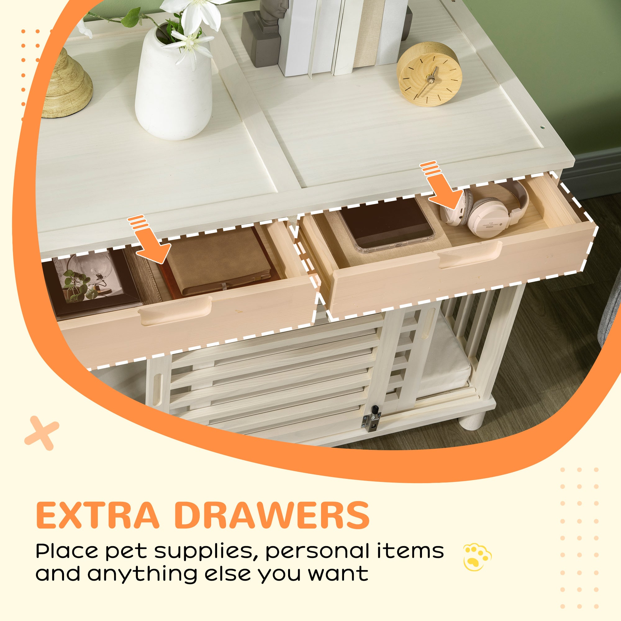 PawHut Dog Crate Furniture with 2 Storage Drawers, Wooden Dog Crate End Table Indoor with Water-resistant Cushion, Double Doors for Medium Dogs