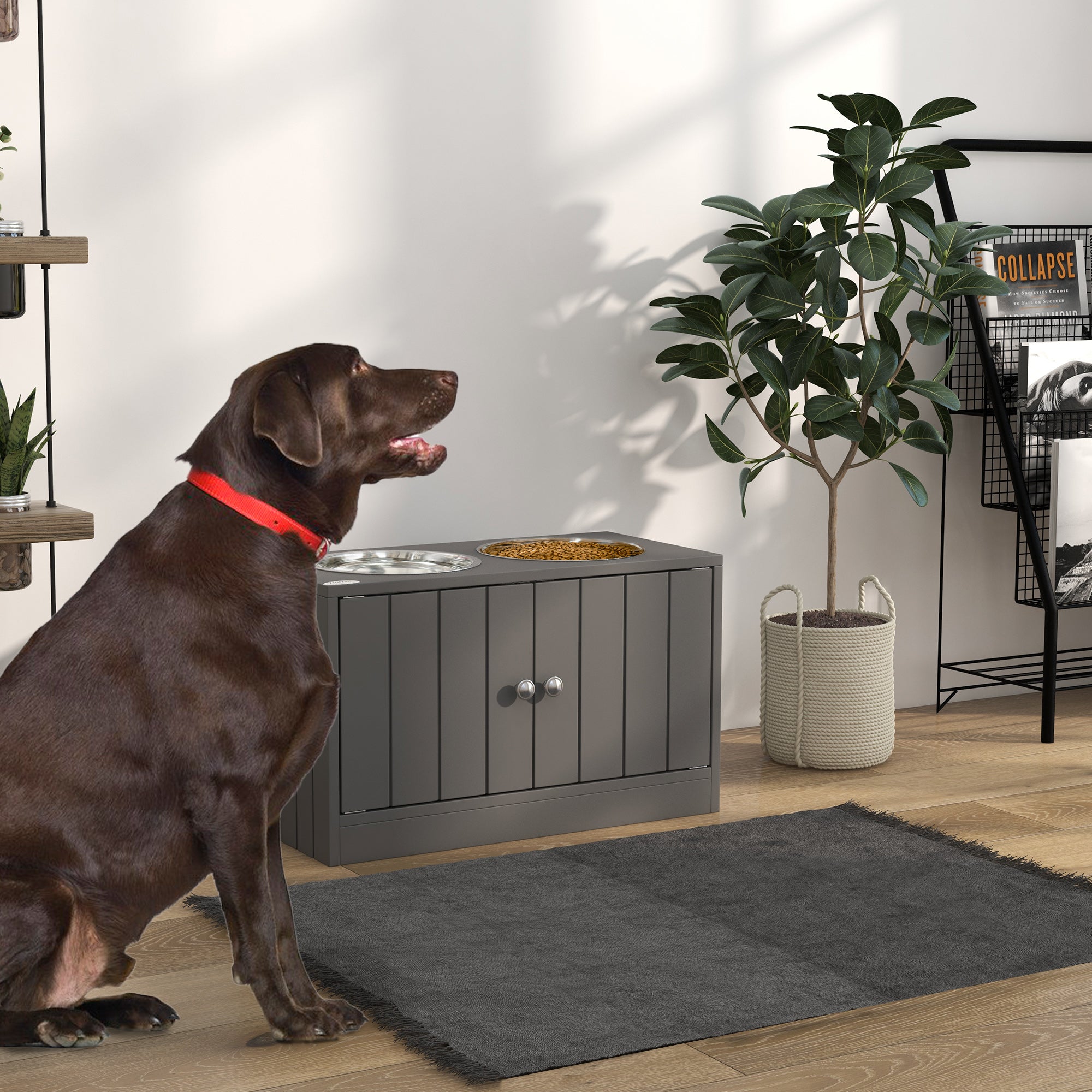 PawHut Large Elevated Dog Bowls with Storage Cabinet Containing Large 44L Capacity, Raised Dog Bowl Stand Pet Food Bowl Dog Feeding Station, Gray