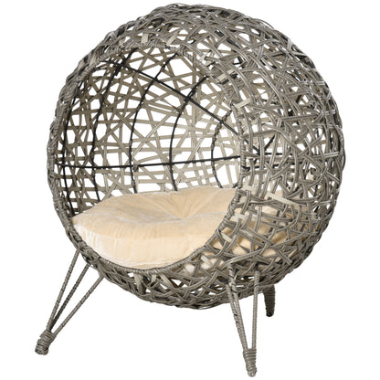 Pawhut Woven Rattan Wicker Elevated Cat Bed House Kitten Pussy Basket Ball Shaped Pet Furniture w/ Removable Cushion Smoky Grey 52 x 52 x 58 cm