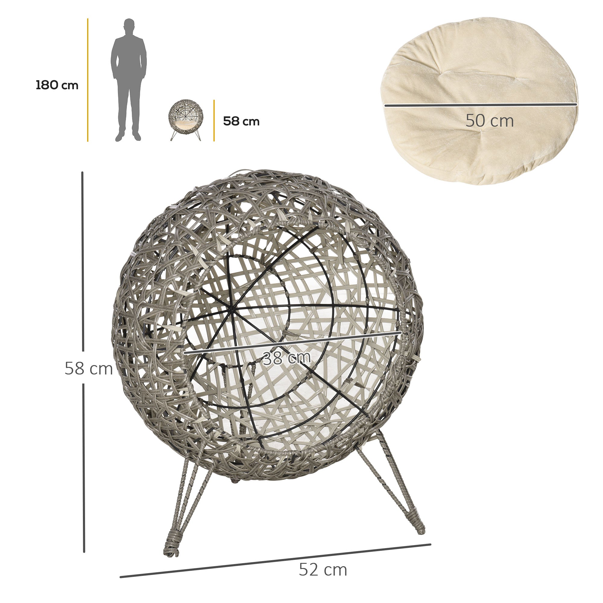 Pawhut Woven Rattan Wicker Elevated Cat Bed House Kitten Pussy Basket Ball Shaped Pet Furniture w/ Removable Cushion Smoky Grey 52 x 52 x 58 cm