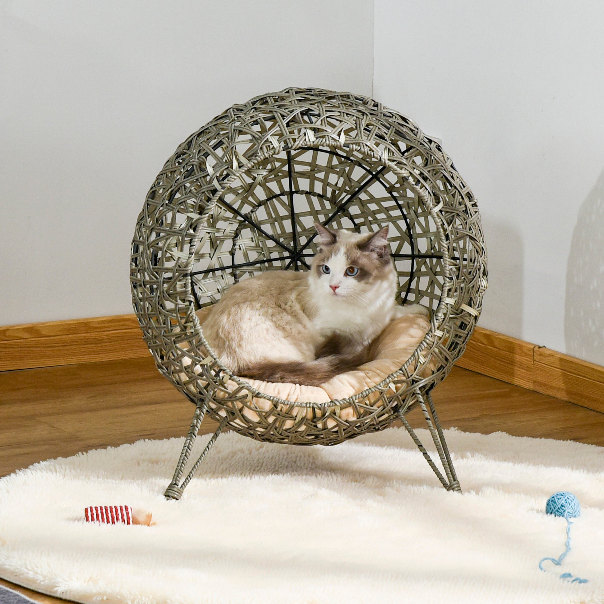 Pawhut Woven Rattan Wicker Elevated Cat Bed House Kitten Pussy Basket Ball Shaped Pet Furniture w/ Removable Cushion Smoky Grey 52 x 52 x 58 cm