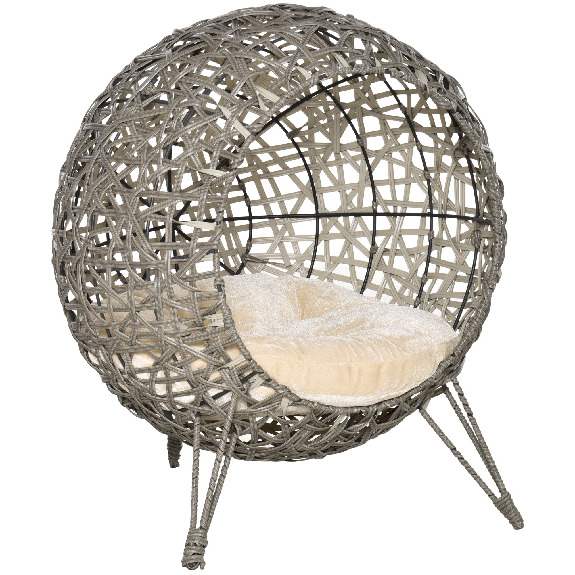 Pawhut Woven Rattan Wicker Elevated Cat Bed House Kitten Pussy Basket Ball Shaped Pet Furniture w/ Removable Cushion Smoky Grey 52 x 52 x 58 cm