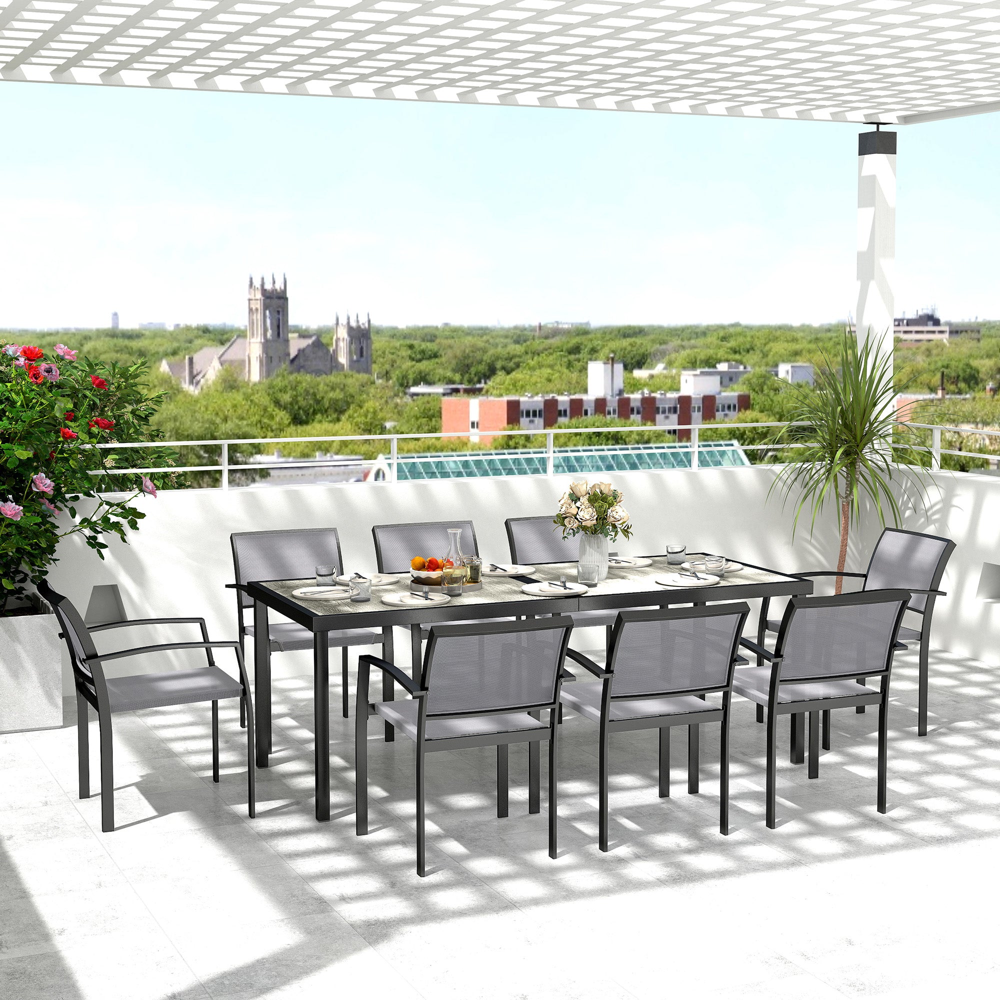 Outsunny 9 Pieces Patio Dining Set, Outdoor Dining Set with Easy Clean Tabletop & Stackable Breathable Chairs, Patio Table and Chairs Set for Backyard, Garden, Poolside