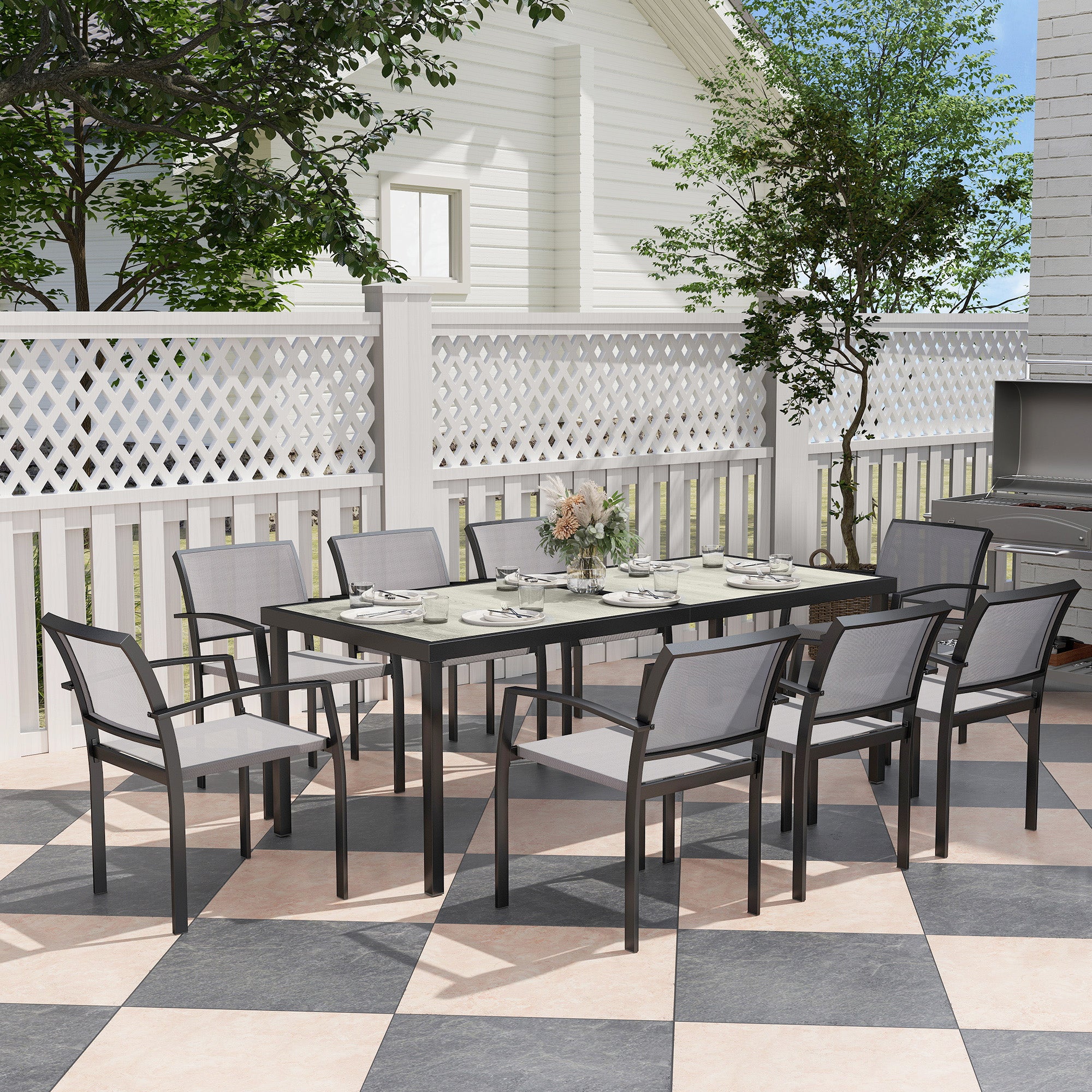 Outsunny 9 Pieces Patio Dining Set, Outdoor Dining Set with Easy Clean Tabletop & Stackable Breathable Chairs, Patio Table and Chairs Set for Backyard, Garden, Poolside