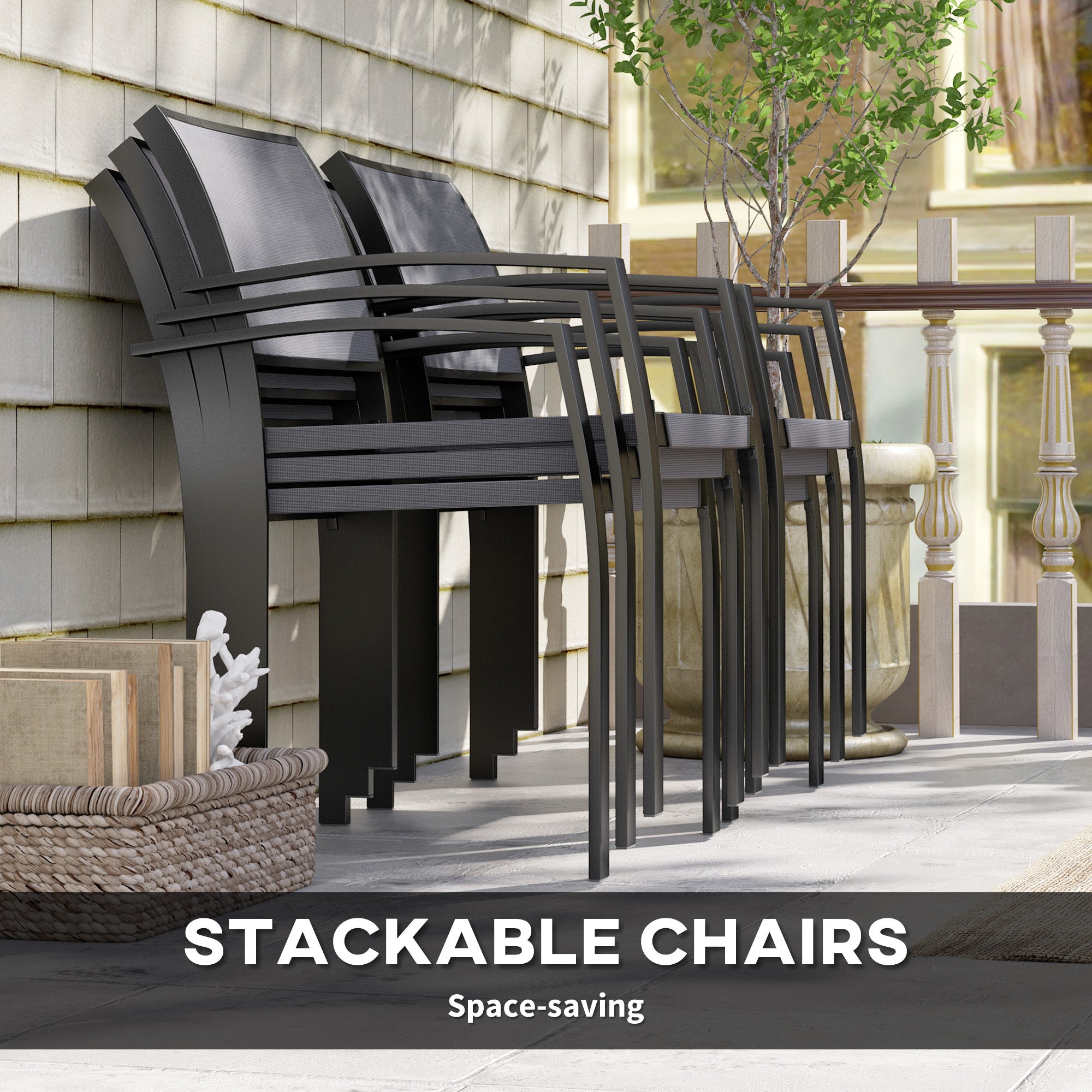 Outsunny 9 Pieces Patio Dining Set, Outdoor Dining Set with Easy Clean Tabletop & Stackable Breathable Chairs, Patio Table and Chairs Set for Backyard, Garden, Poolside