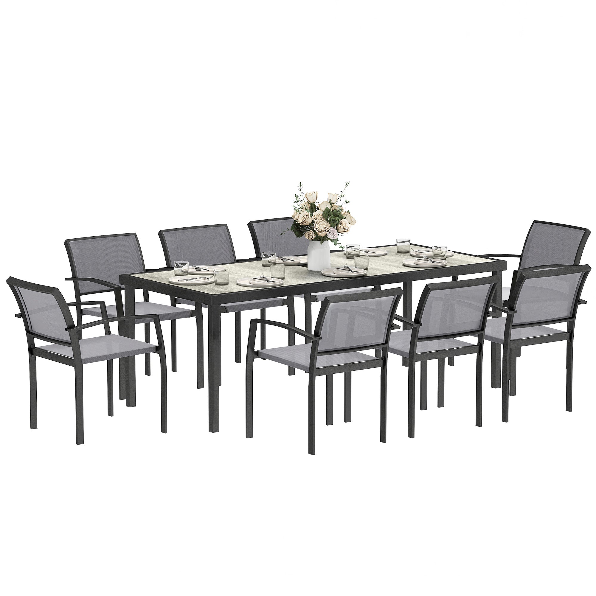 Outsunny 9 Pieces Patio Dining Set, Outdoor Dining Set with Easy Clean Tabletop & Stackable Breathable Chairs, Patio Table and Chairs Set for Backyard, Garden, Poolside