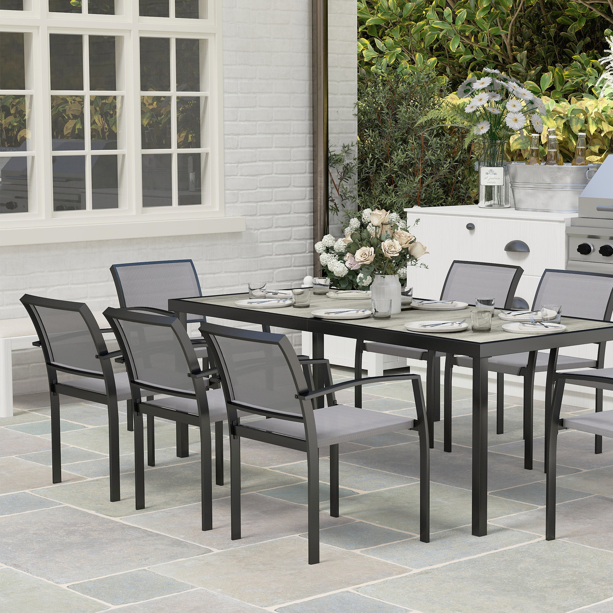 Outsunny 9 Pieces Patio Dining Set, Outdoor Dining Set with Easy Clean Tabletop & Stackable Breathable Chairs, Patio Table and Chairs Set for Backyard, Garden, Poolside