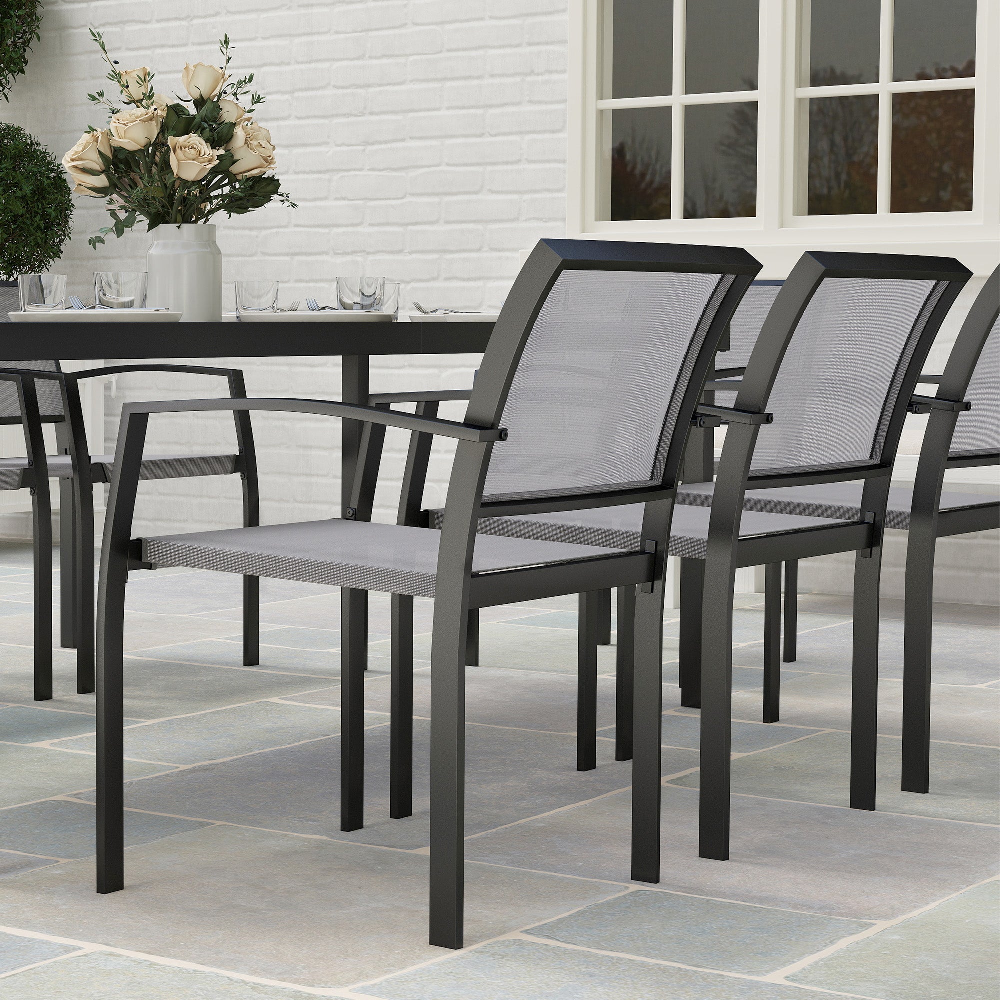 Outsunny 9 Pieces Patio Dining Set, Outdoor Dining Set with Easy Clean Tabletop & Stackable Breathable Chairs, Patio Table and Chairs Set for Backyard, Garden, Poolside