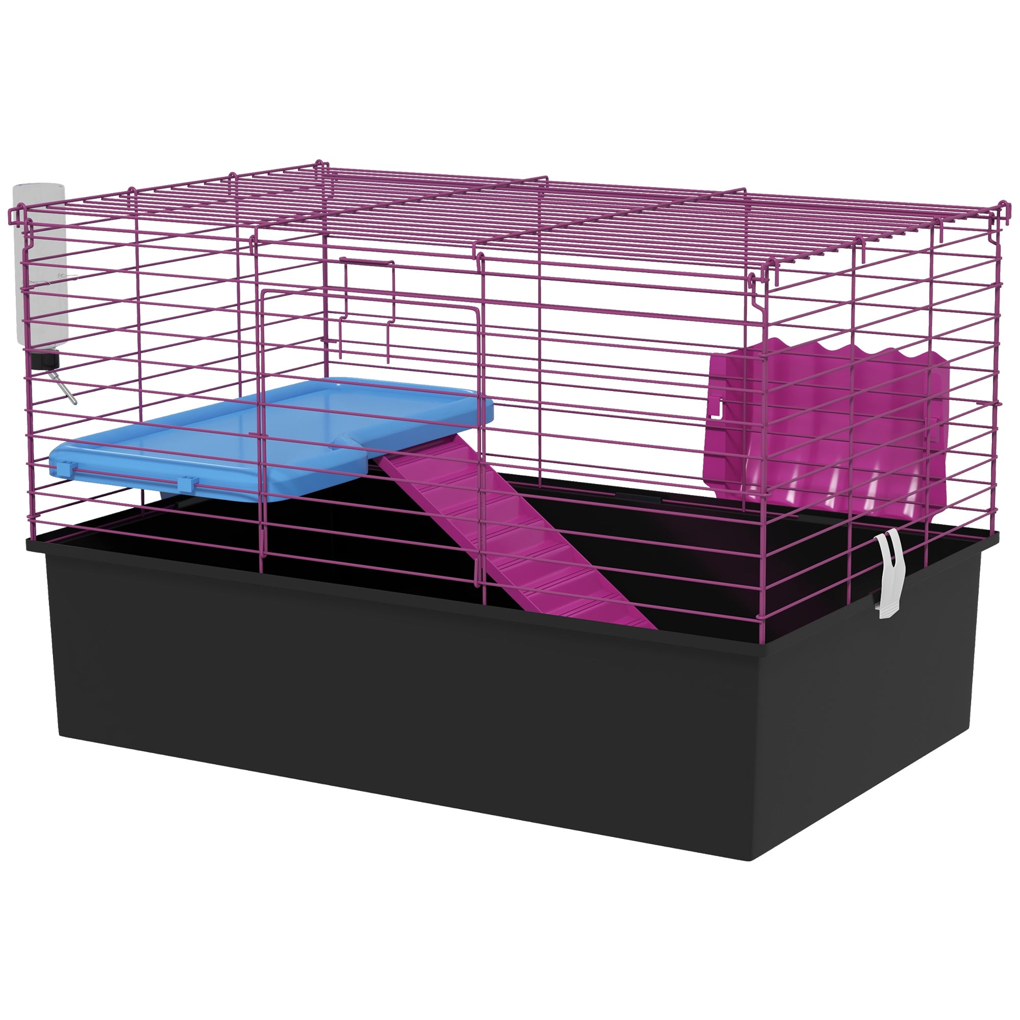 PawHut 28" L Rabbit Cage, Large Guinea Pig Cage Small Animal Cage with Water Bottle, Food Dish, Platform, Ramp, for Ferret, Chinchilla, Black