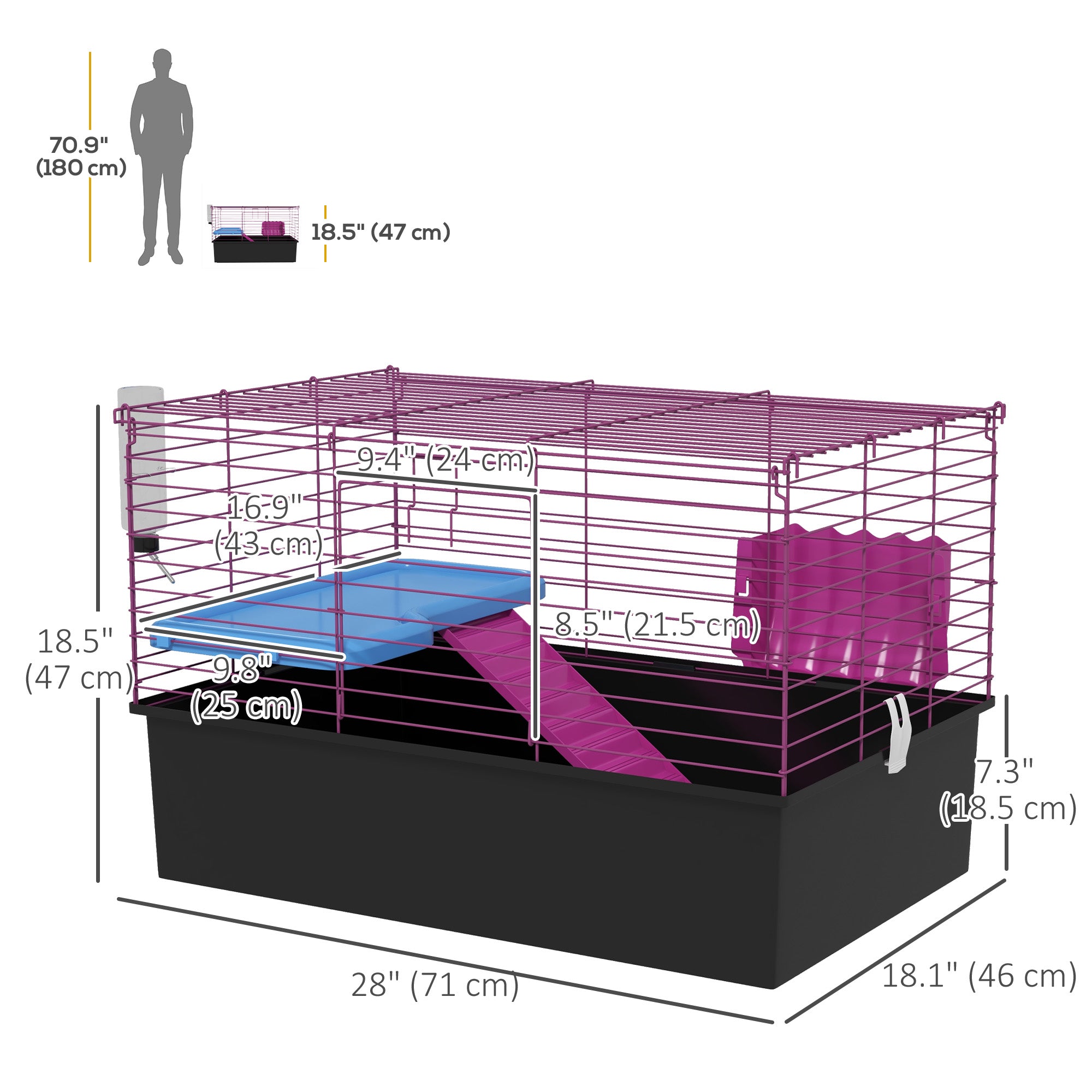PawHut 28" L Rabbit Cage, Large Guinea Pig Cage Small Animal Cage with Water Bottle, Food Dish, Platform, Ramp, for Ferret, Chinchilla, Black