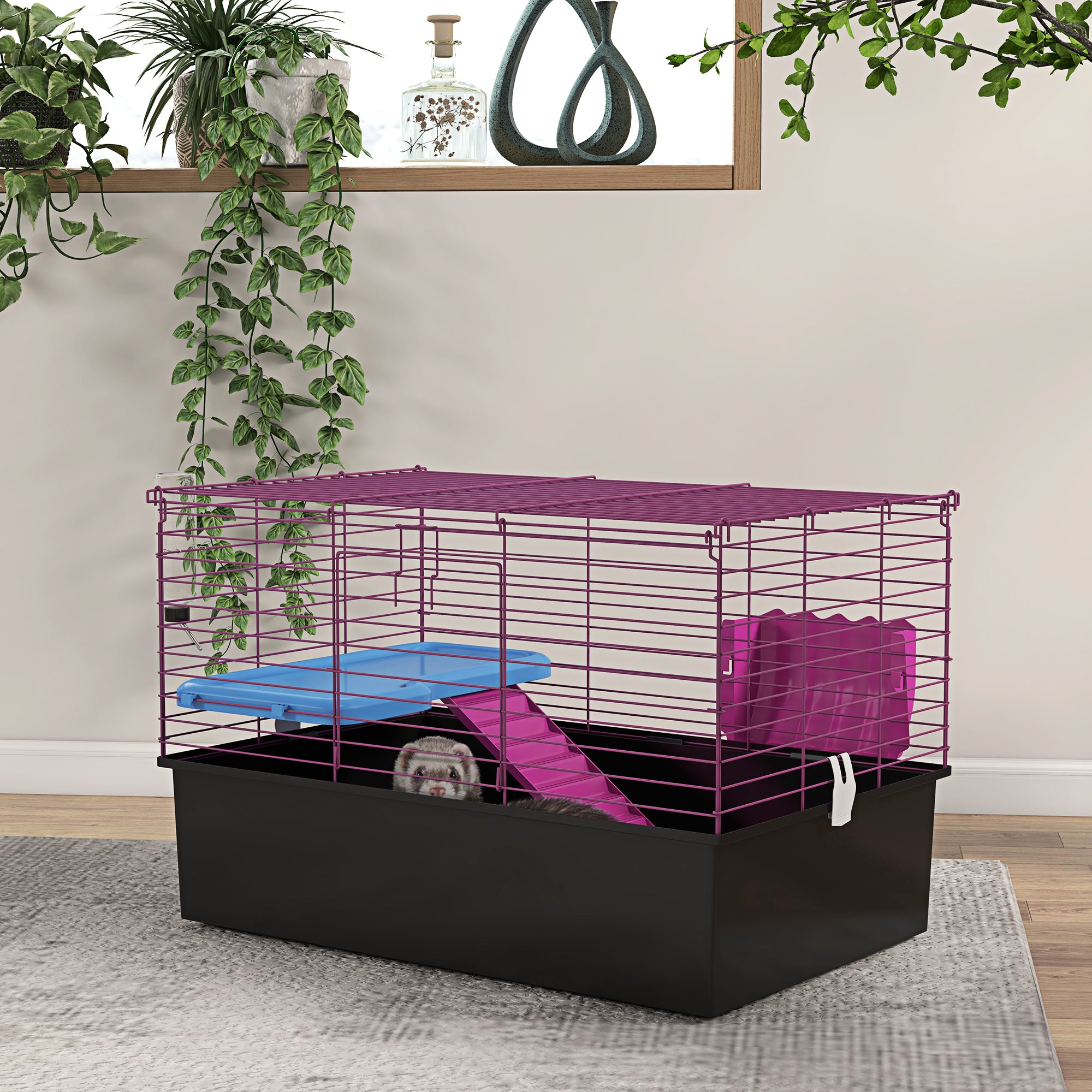 PawHut 28" L Rabbit Cage, Large Guinea Pig Cage Small Animal Cage with Water Bottle, Food Dish, Platform, Ramp, for Ferret, Chinchilla, Black