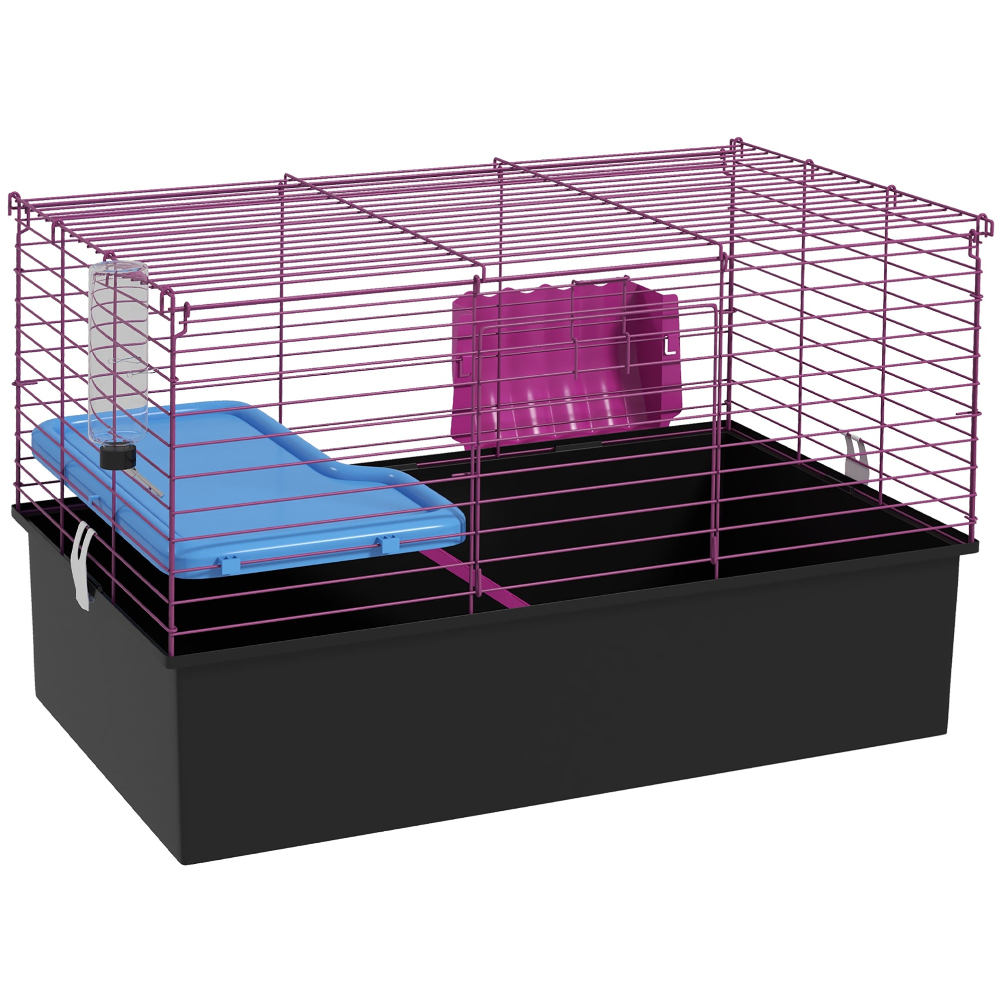 PawHut 28" L Rabbit Cage, Large Guinea Pig Cage Small Animal Cage with Water Bottle, Food Dish, Platform, Ramp, for Ferret, Chinchilla, Black