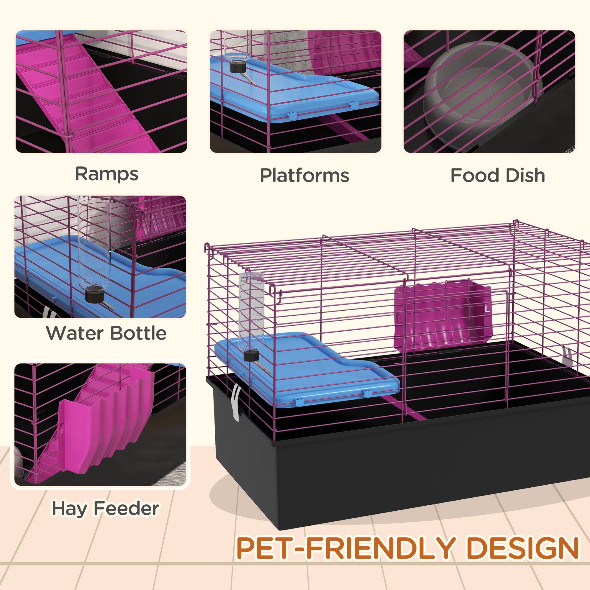 PawHut 28" L Rabbit Cage, Large Guinea Pig Cage Small Animal Cage with Water Bottle, Food Dish, Platform, Ramp, for Ferret, Chinchilla, Black