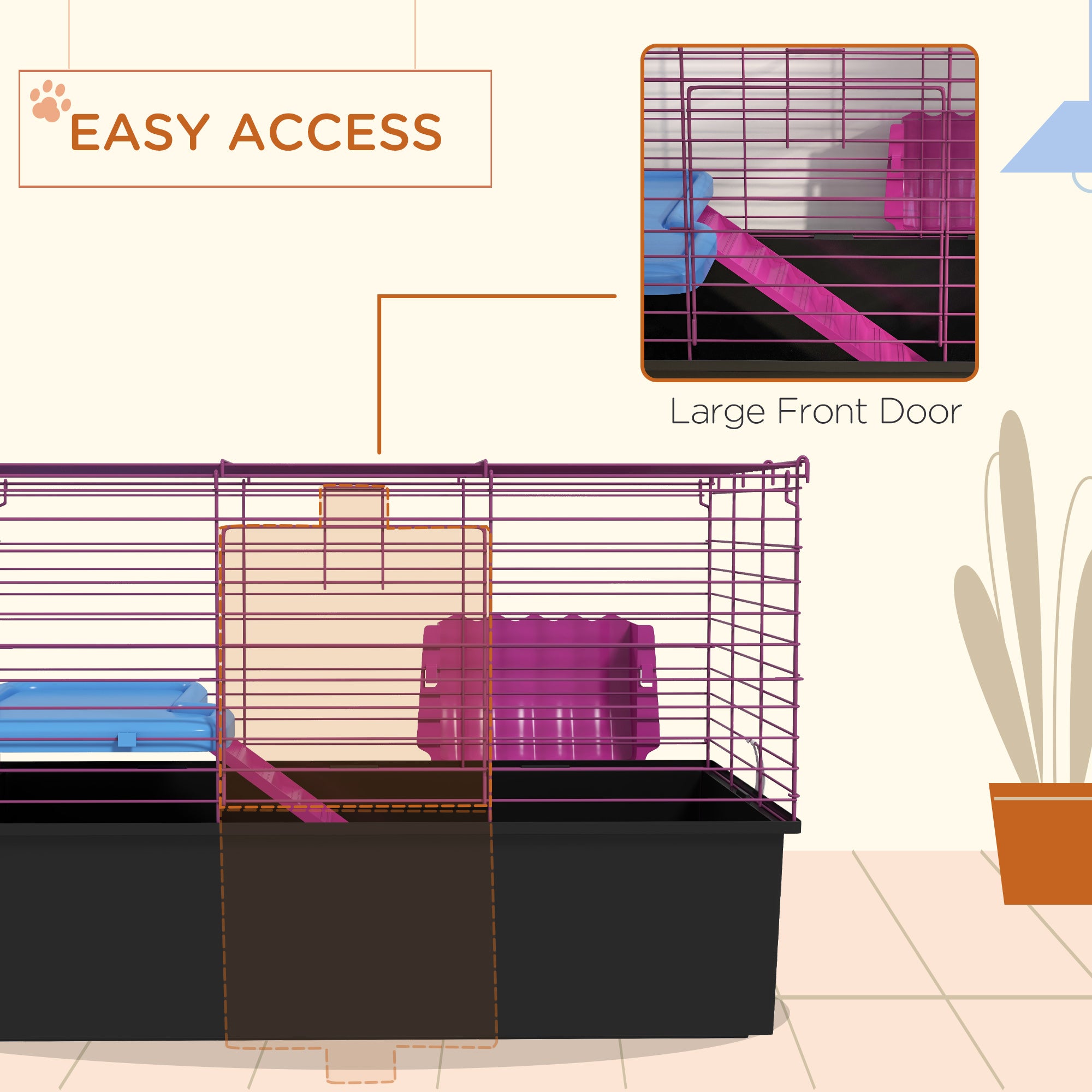 PawHut Guinea Pig Cage Chinchillas Rabbit Small Animal Cage with Ramp, Dish, Water Bottle, 71 x 46 x 47cm, Black