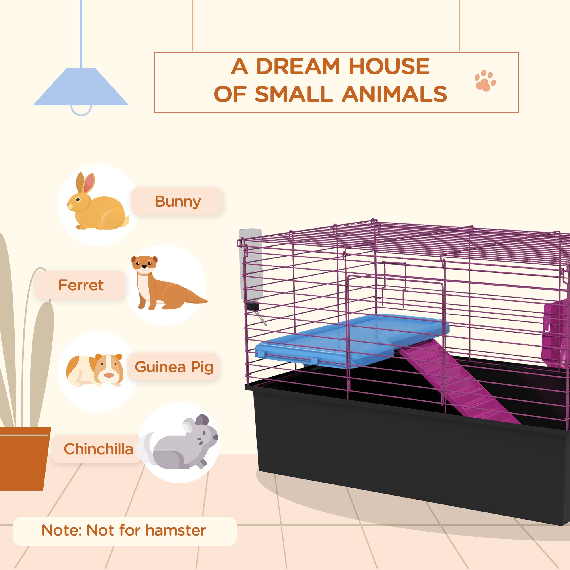 PawHut Guinea Pig Cage Chinchillas Rabbit Small Animal Cage with Ramp, Dish, Water Bottle, 71 x 46 x 47cm, Black