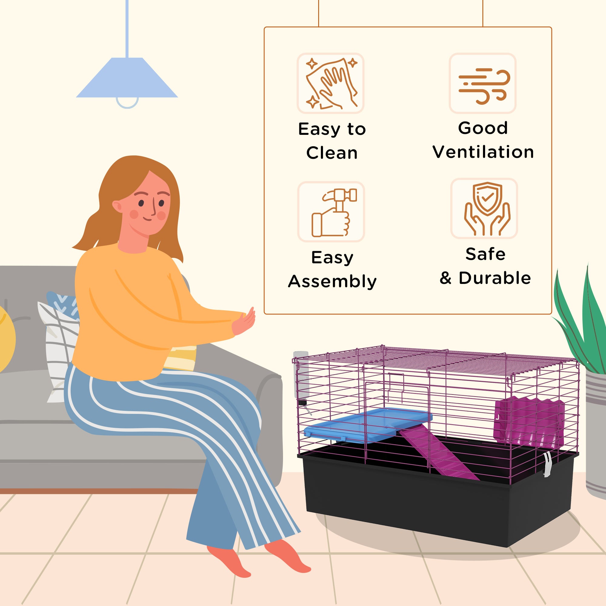 PawHut Guinea Pig Cage Chinchillas Rabbit Small Animal Cage with Ramp, Dish, Water Bottle, 71 x 46 x 47cm, Black