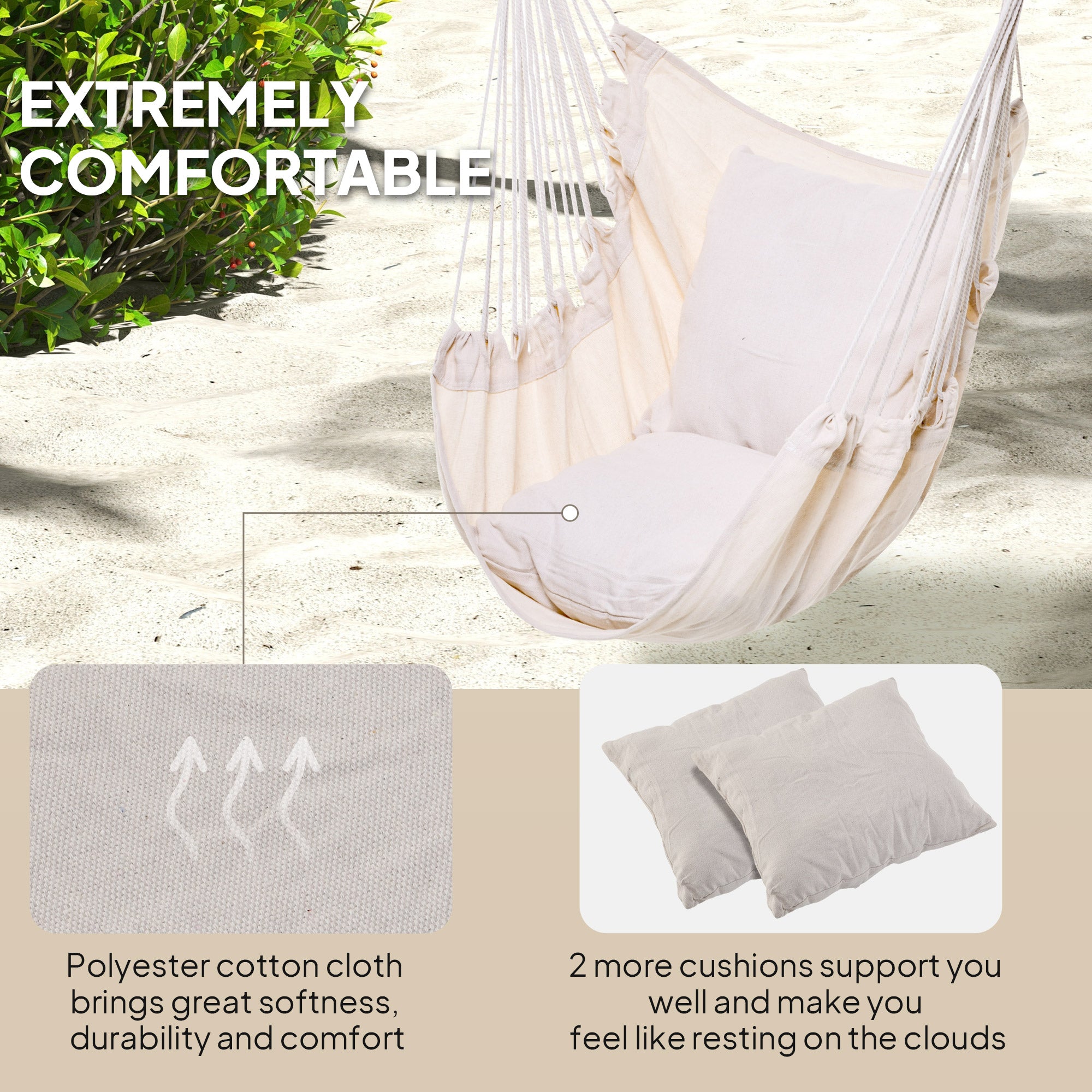 Outsunny Hammock Chair Swing Hanging Macrame Chair Cotton w/ Two Soft Seat Cushions, for Bedroom Indoor Outdoor Ideal Gift for Kids Lover Birthday Present, White