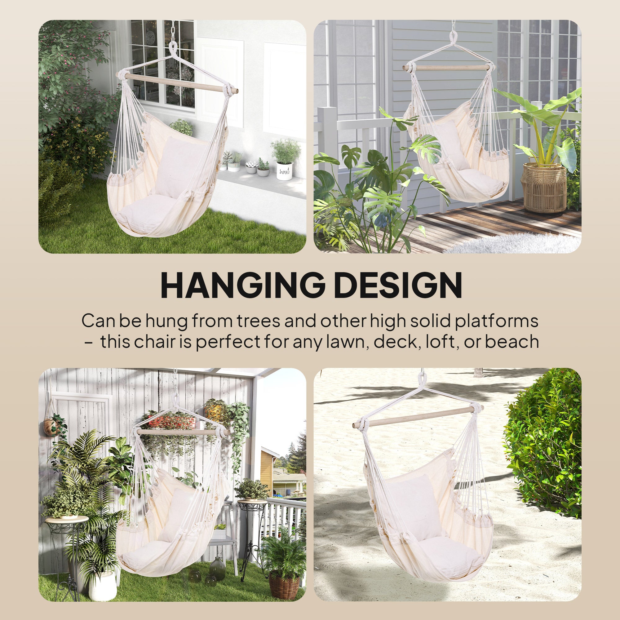 Outsunny Hammock Chair Swing Hanging Macrame Chair Cotton w/ Two Soft Seat Cushions, for Bedroom Indoor Outdoor Ideal Gift for Kids Lover Birthday Present, White