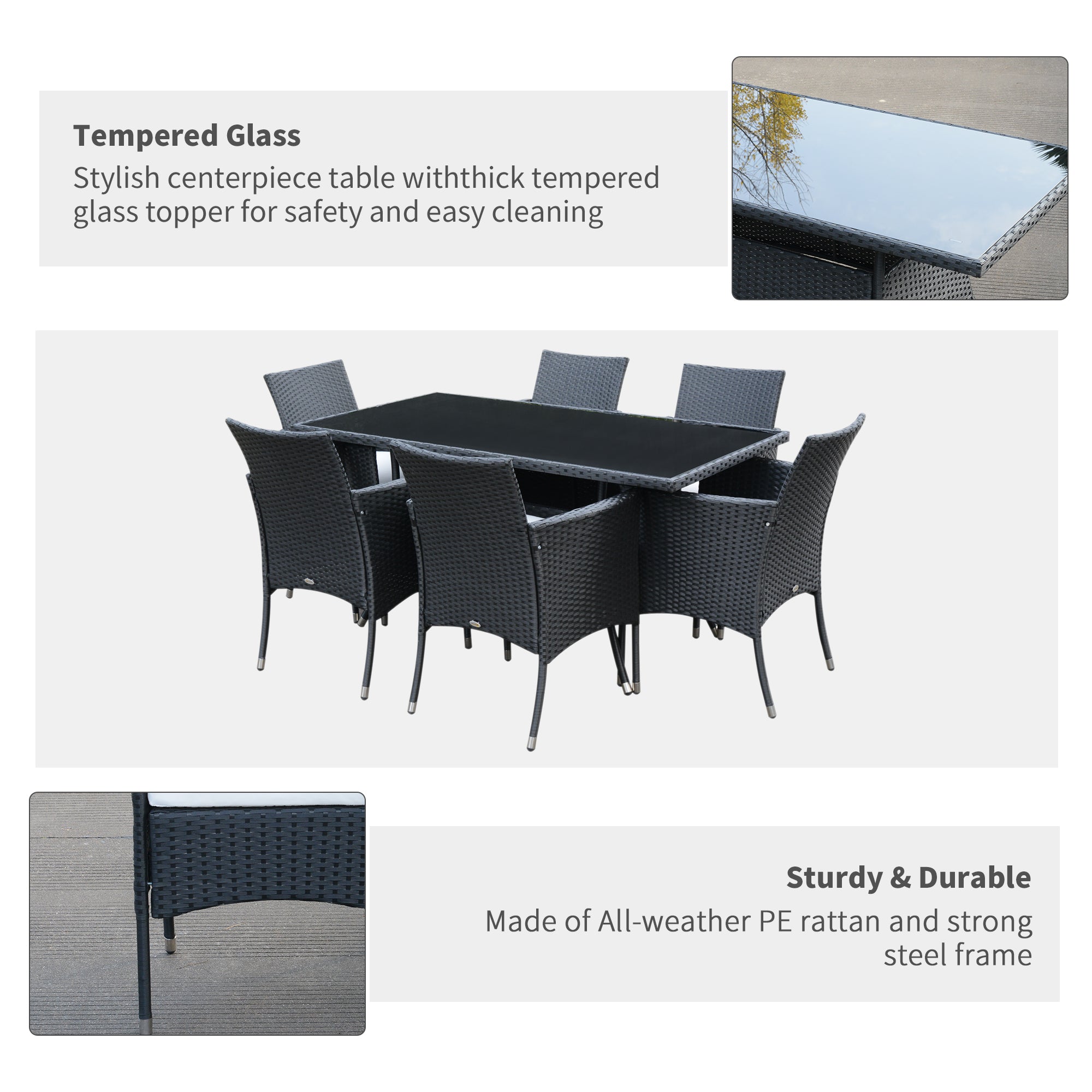 Outsunny 7 Pieces Patio Dining Set, Wicker Outdoor Furniture Set with Removable Cushions, Glass Top Dining Table, Rattan Patio Table and Chairs for Garden Poolside Backyard, Black