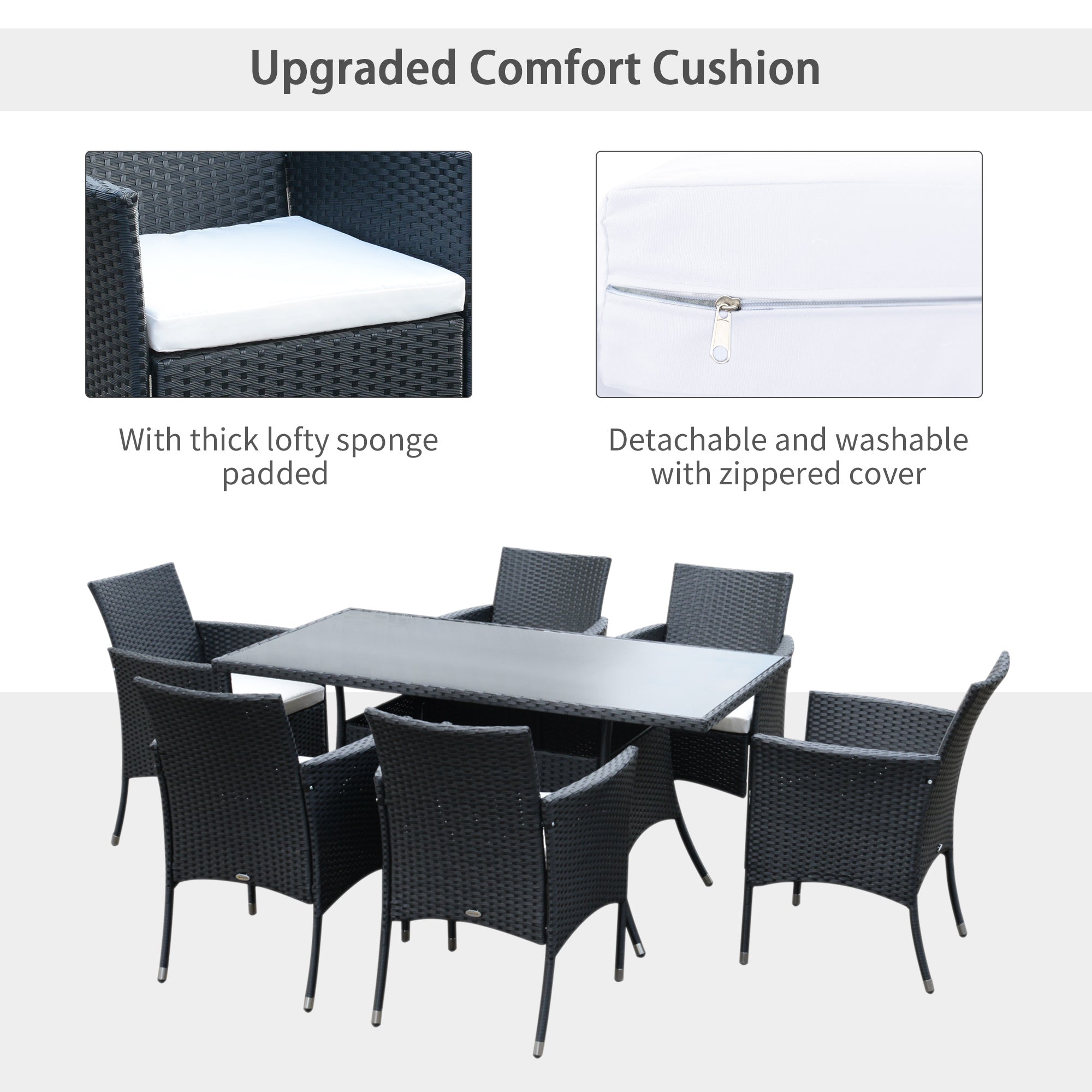 Outsunny 7 Pieces Patio Dining Set, Wicker Outdoor Furniture Set with Removable Cushions, Glass Top Dining Table, Rattan Patio Table and Chairs for Garden Poolside Backyard, Black