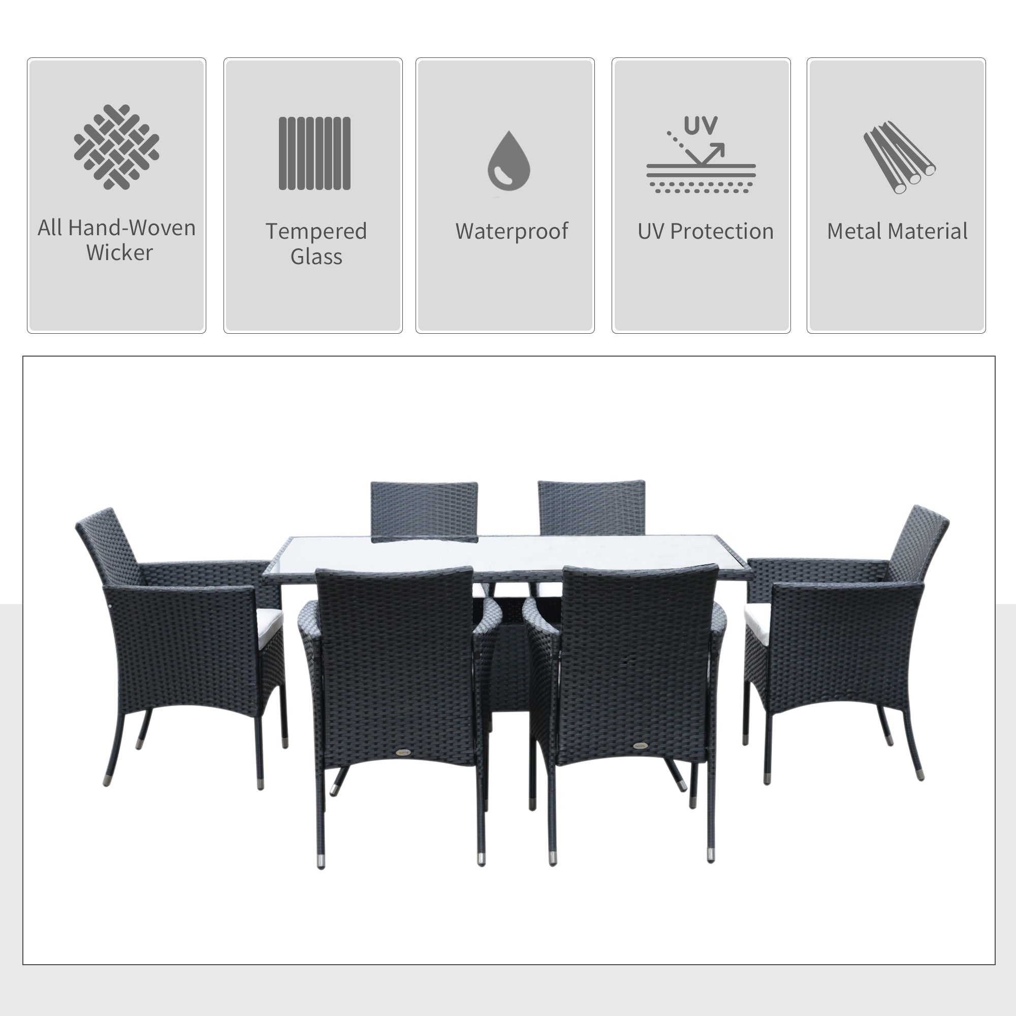 Outsunny 7 Pieces Patio Dining Set, Wicker Outdoor Furniture Set with Removable Cushions, Glass Top Dining Table, Rattan Patio Table and Chairs for Garden Poolside Backyard, Black
