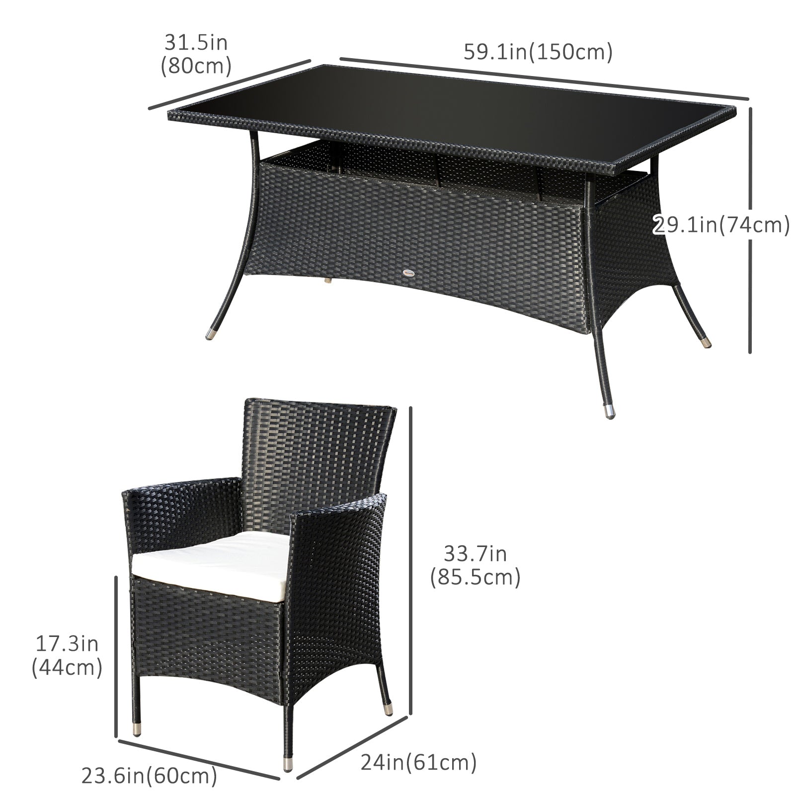 Outsunny 7 Pieces Patio Dining Set, Wicker Outdoor Furniture Set with Removable Cushions, Glass Top Dining Table, Rattan Patio Table and Chairs for Garden Poolside Backyard, Black