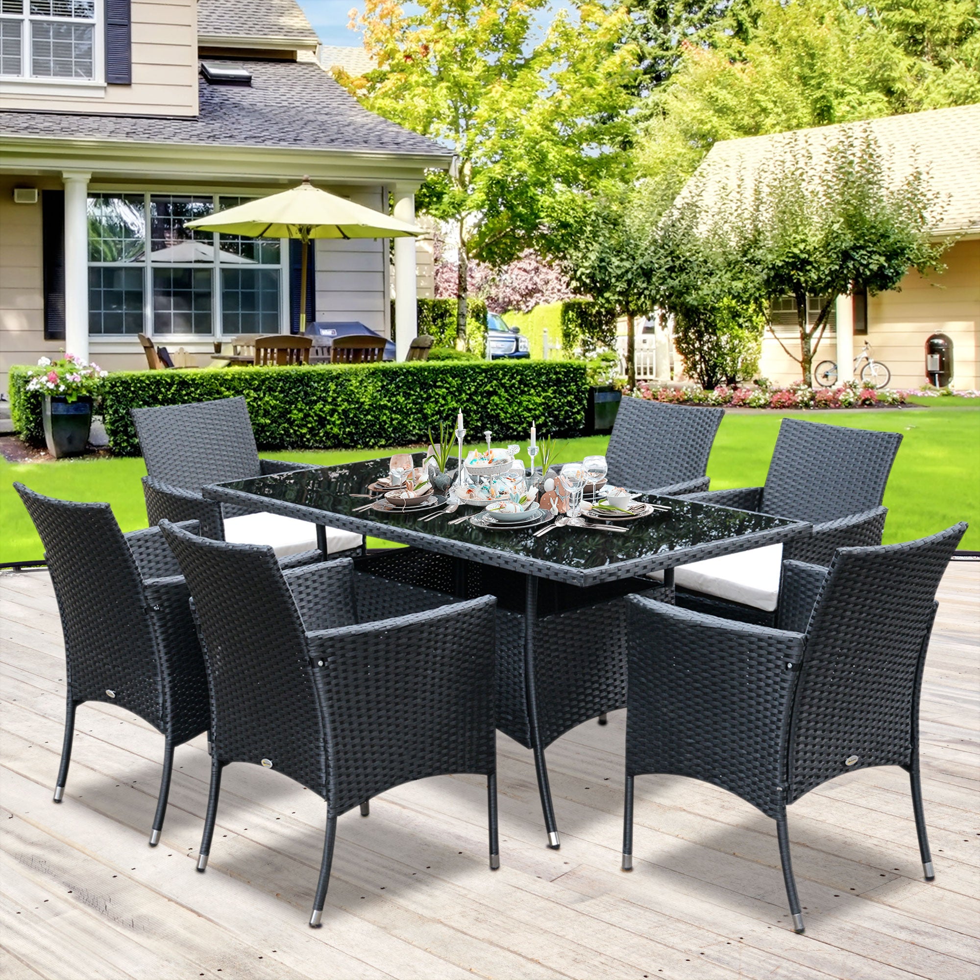 Outsunny 7 Pieces Patio Dining Set, Wicker Outdoor Furniture Set with Removable Cushions, Glass Top Dining Table, Rattan Patio Table and Chairs for Garden Poolside Backyard, Black